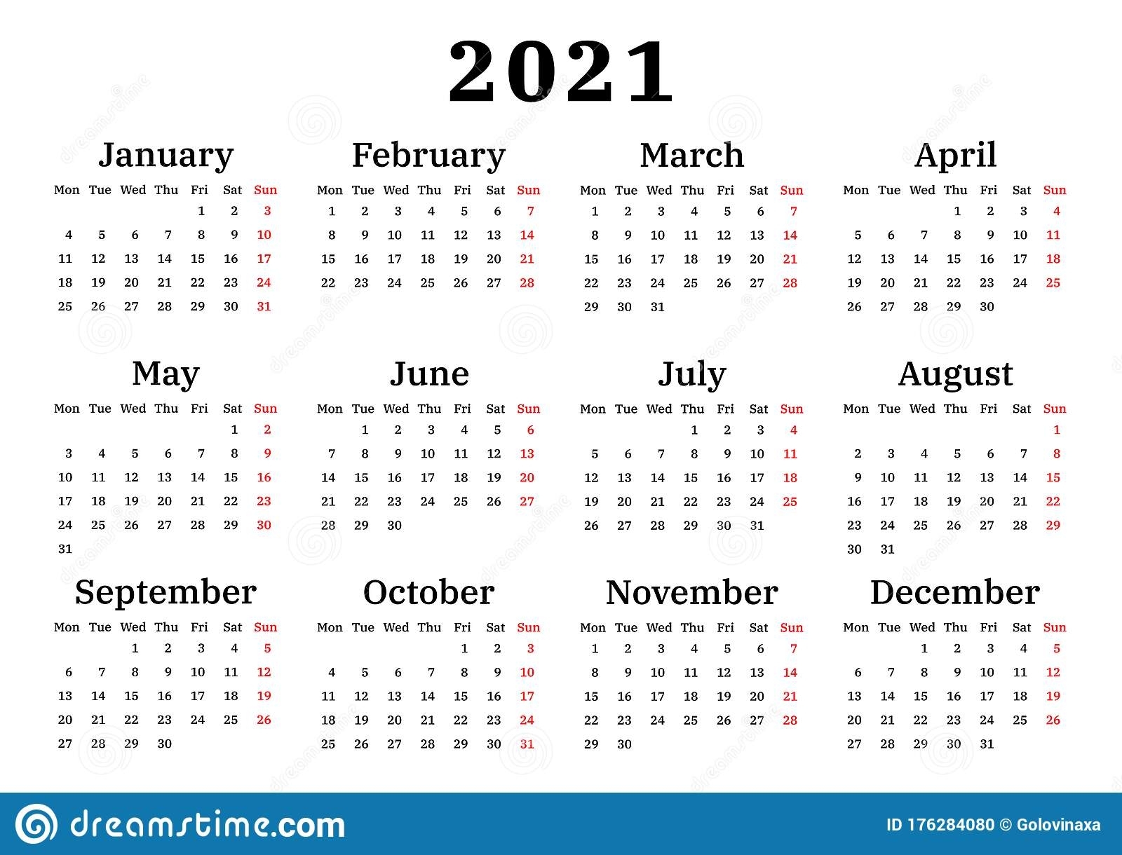 2021 Calendar Weeks Start On Monday