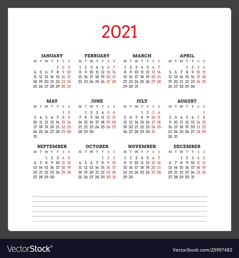 Calendar For 2021 Year Week Starts On Monday Vector Image