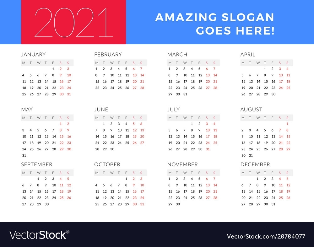 Calendar For 2021 Year Week Starts On Monday Vector Image