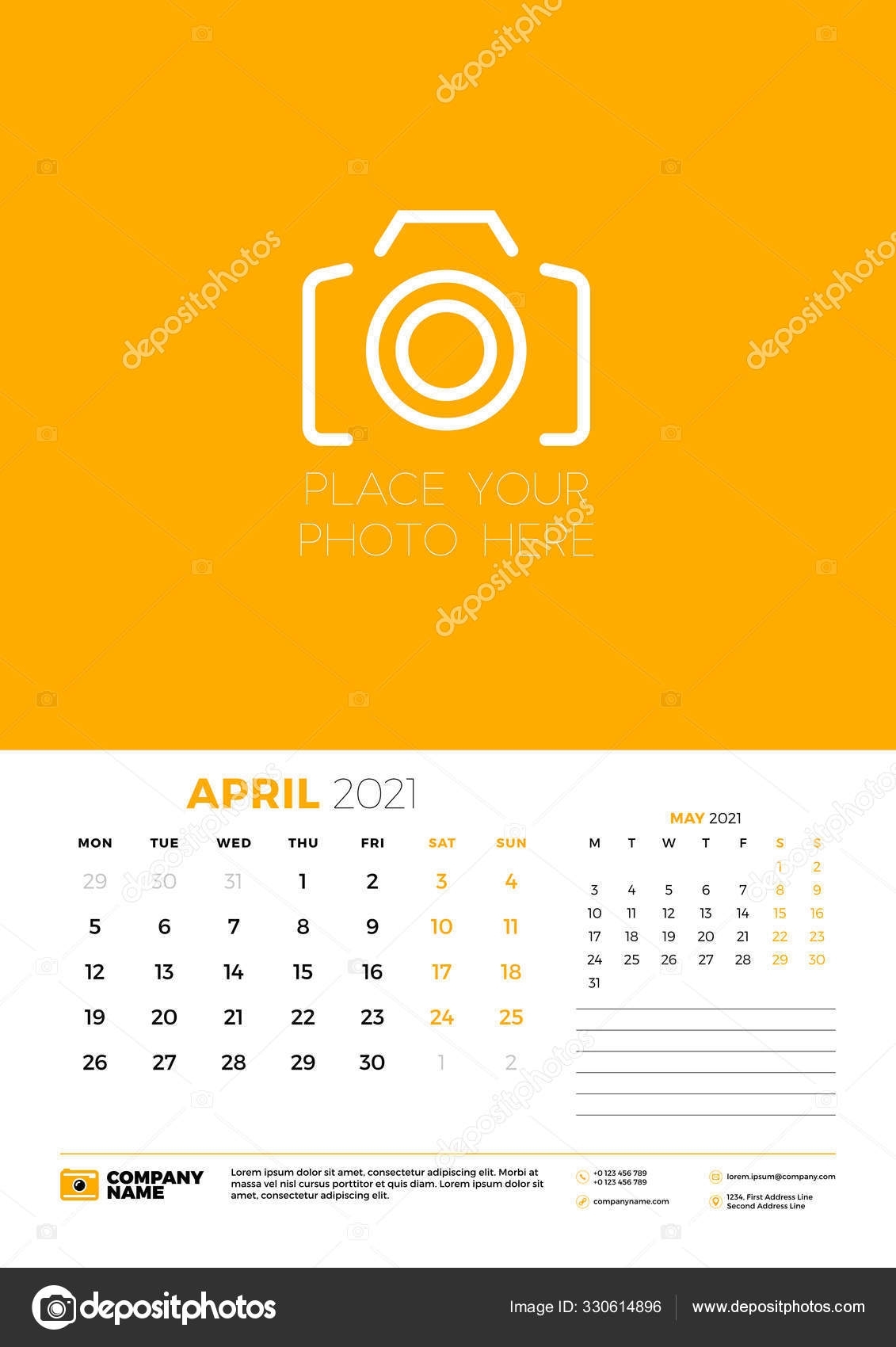 Calendar For April 2021. Week Starts On Monday. Wall Calendar Planner  Template. Vector Illustration 330614896