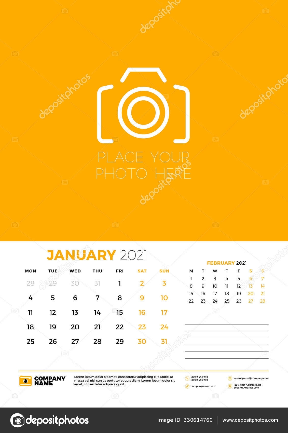 Calendar For January 2021. Week Starts On Monday. Wall Calendar Planner  Template. Vector Illustration 330614760