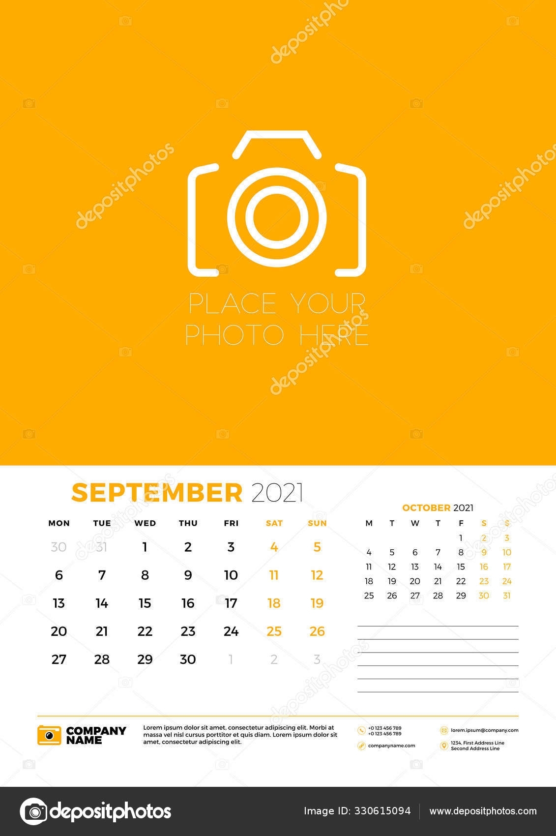 Calendar For September 2021. Week Starts On Monday. Wall Calendar Planner  Template. Vector Illustration 330615094