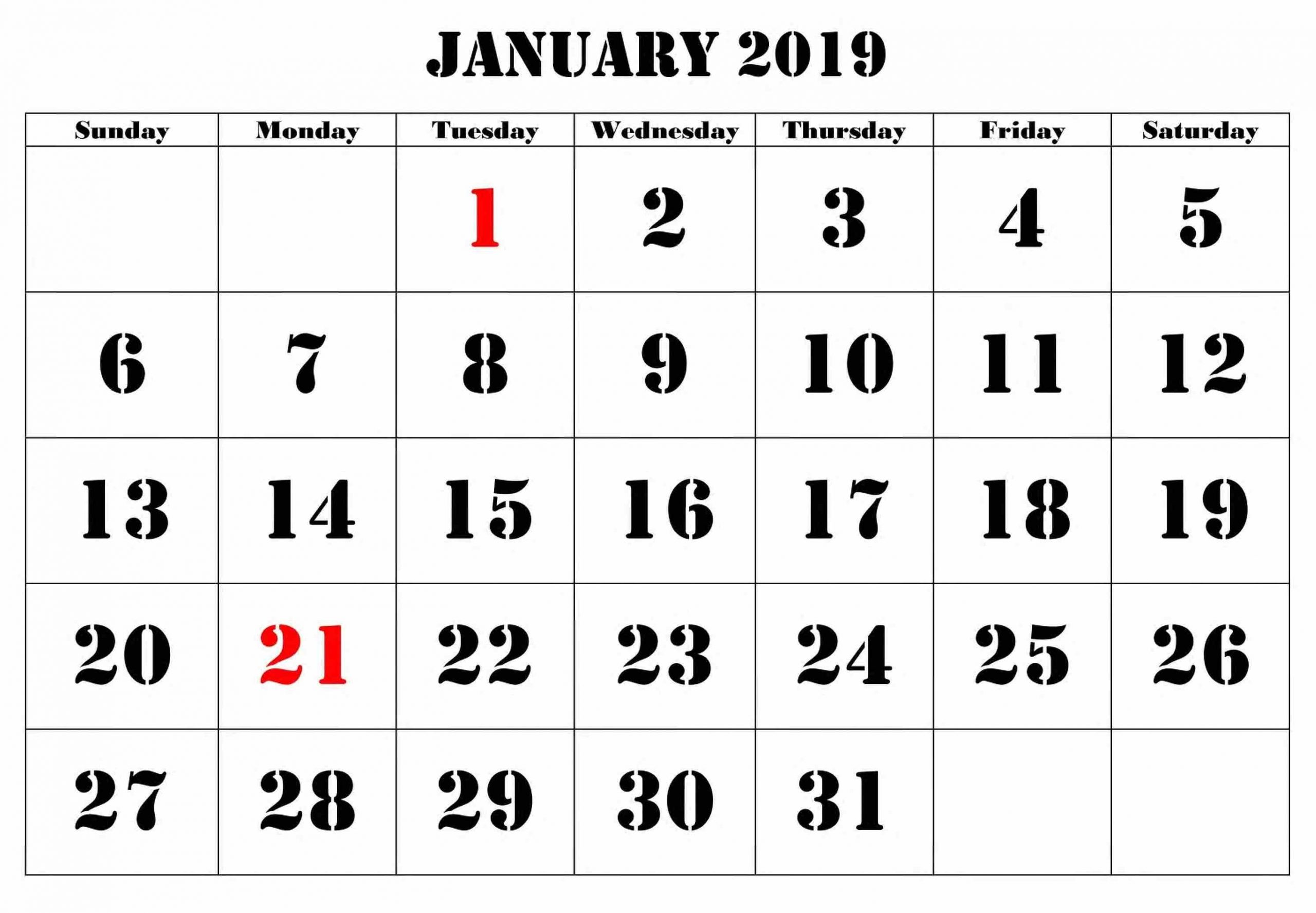 Calendar January 2019 Large Number #Januarycalendar