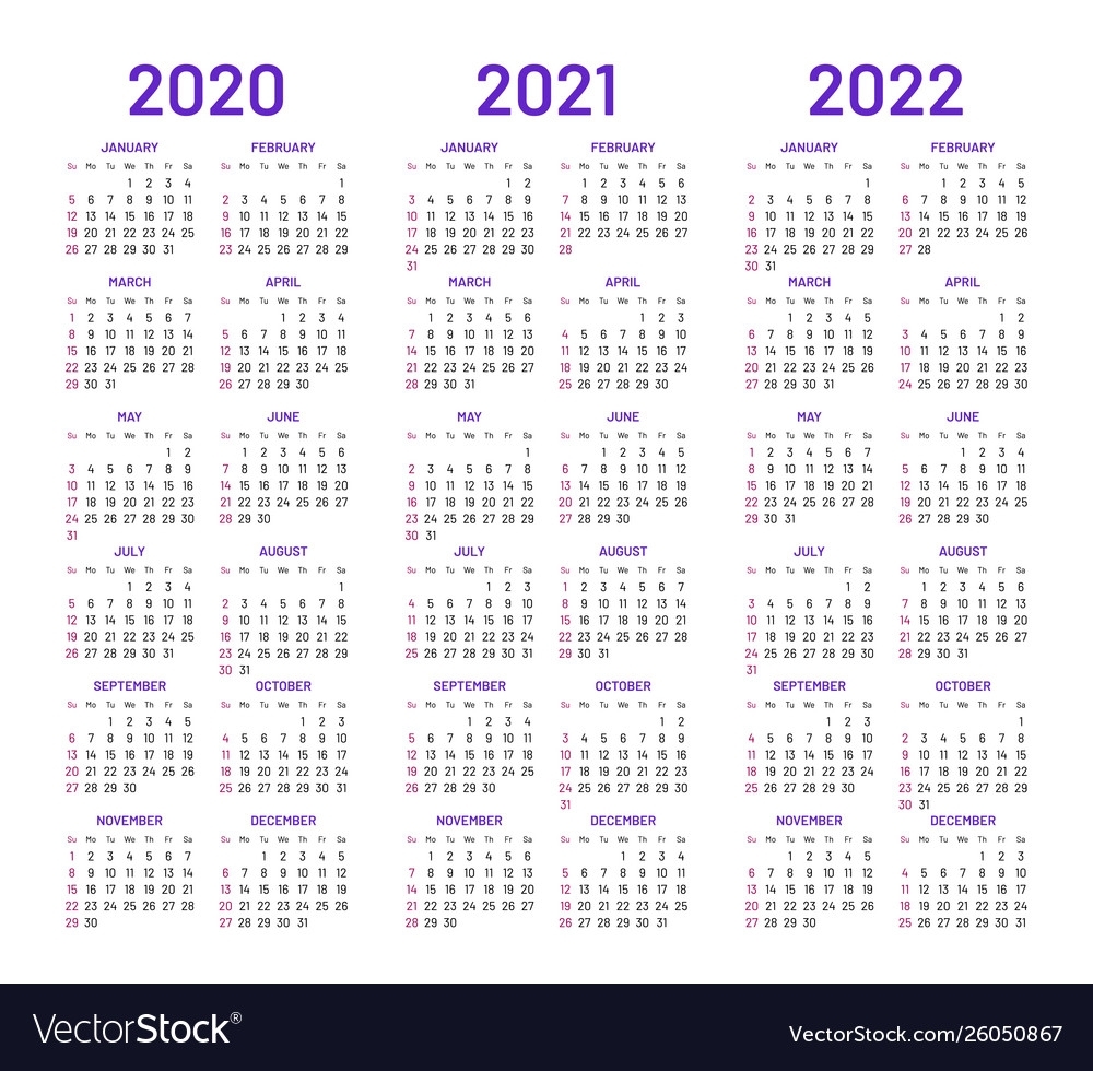 Calendar Layouts For 2020 2021 2022 Years Vector Image intended for Printable Calendar 2020 2021 2022