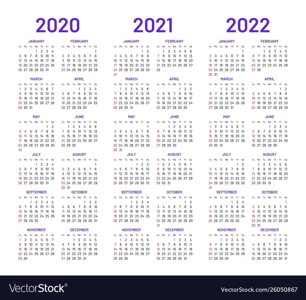 Calendar Layouts For 2020 2021 2022 Years Vector Image with 2020 2021 2022 Calendar Printable