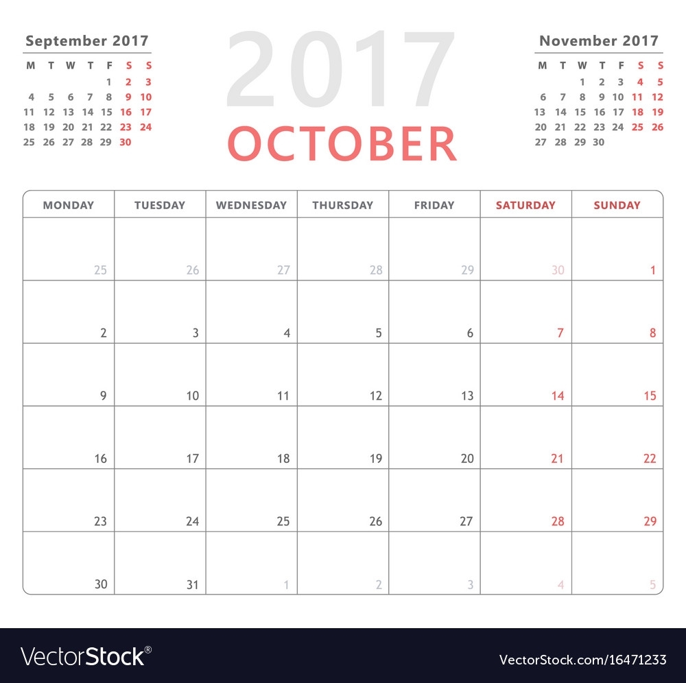 Calendar Planner 2017 October Week Starts Monday Vector Image for Calendar That Starts On Monday