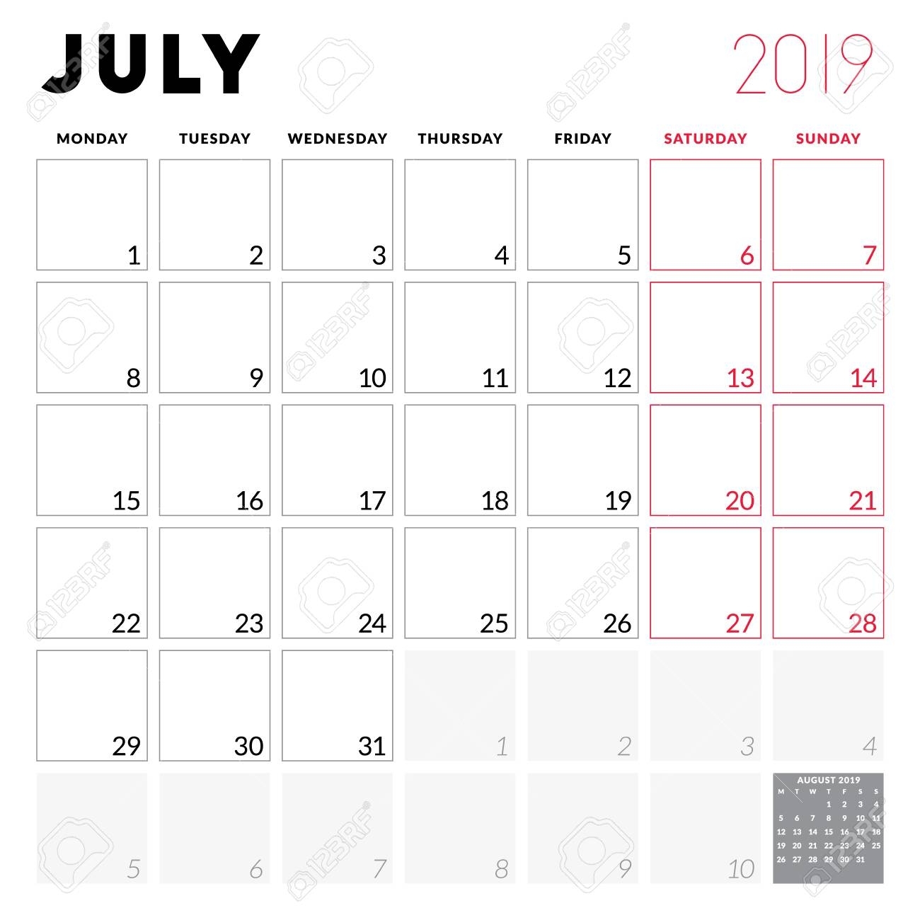 Calendar Planner For July 2019. Week Starts On Monday. Printable.. throughout Calendar That Starts On Monday