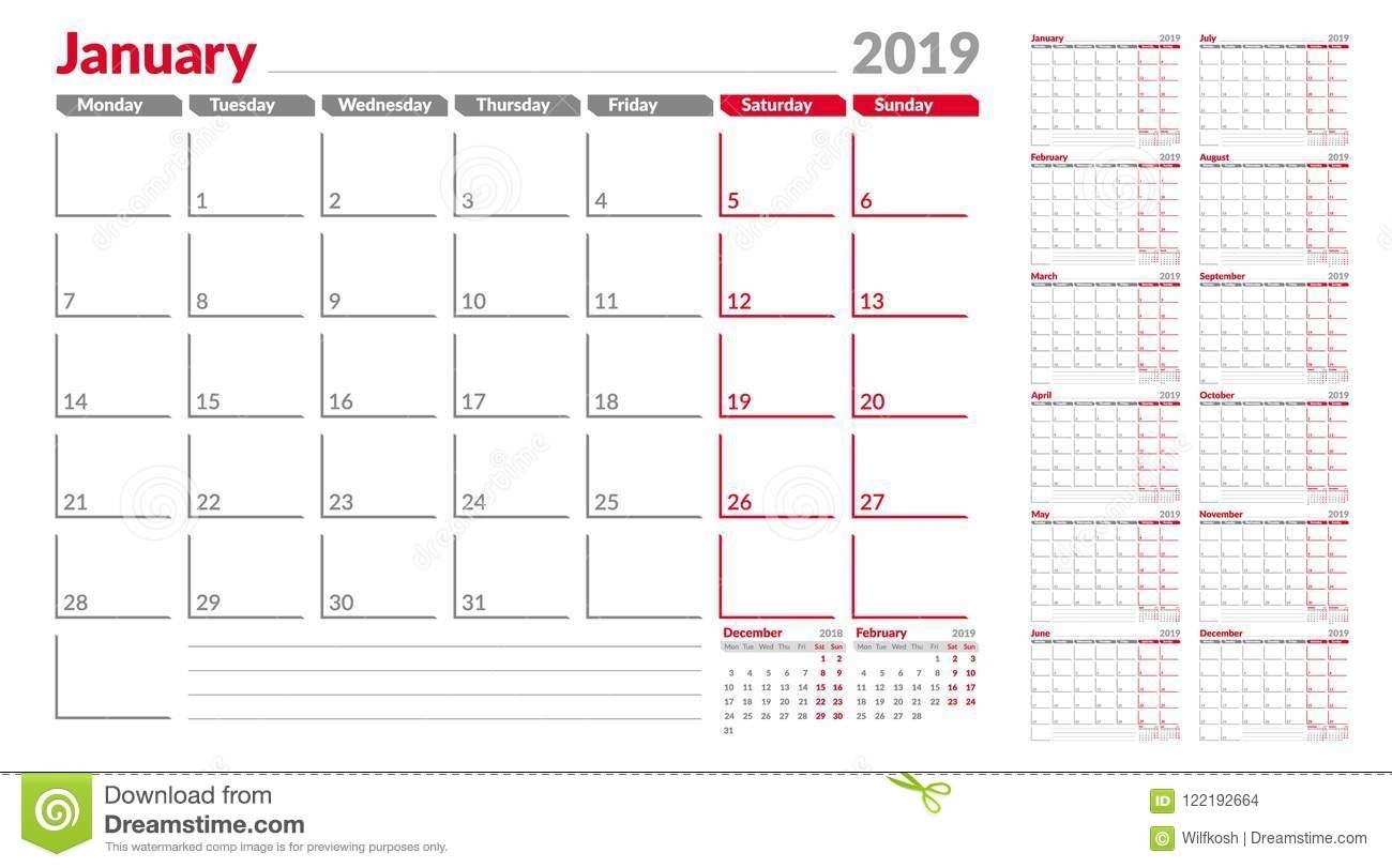 Calendar Planner Template 2019. Week Start From Monday. Set throughout Monthly Calendars That Start With Monday