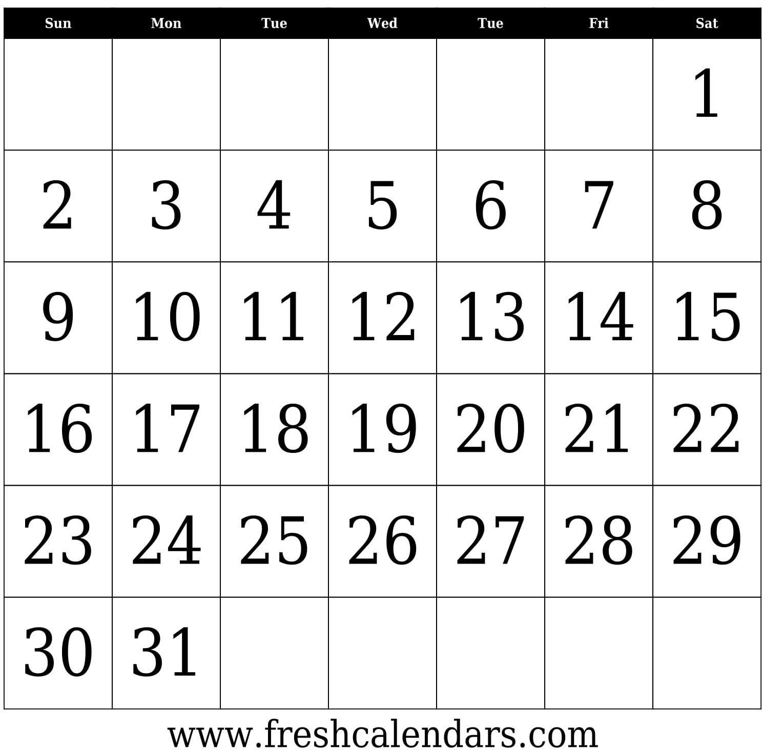 Calendar Template 31 Days In 2020 | Blank Calendar Template