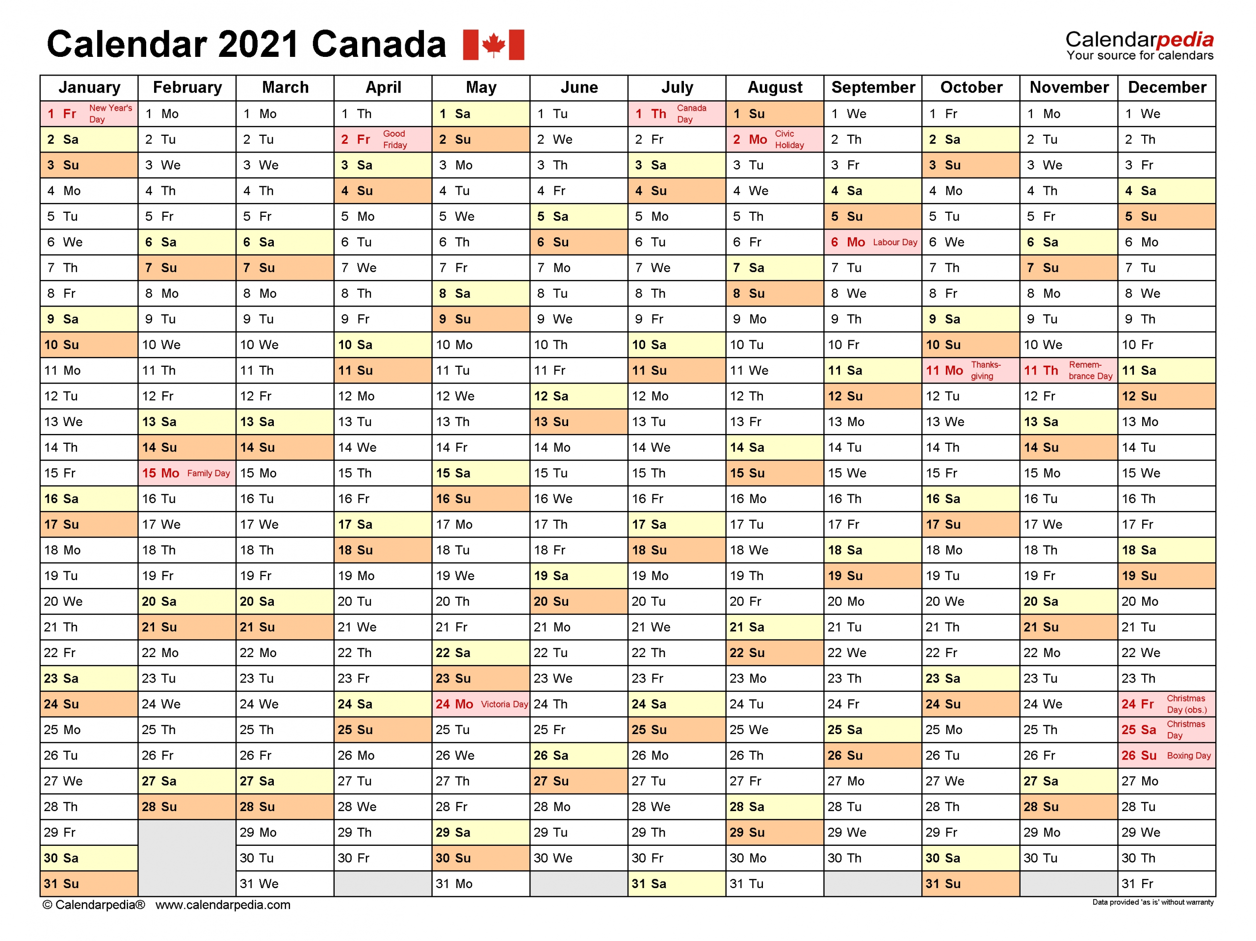 Canada Calendar 2021 - Free Printable Excel Templates