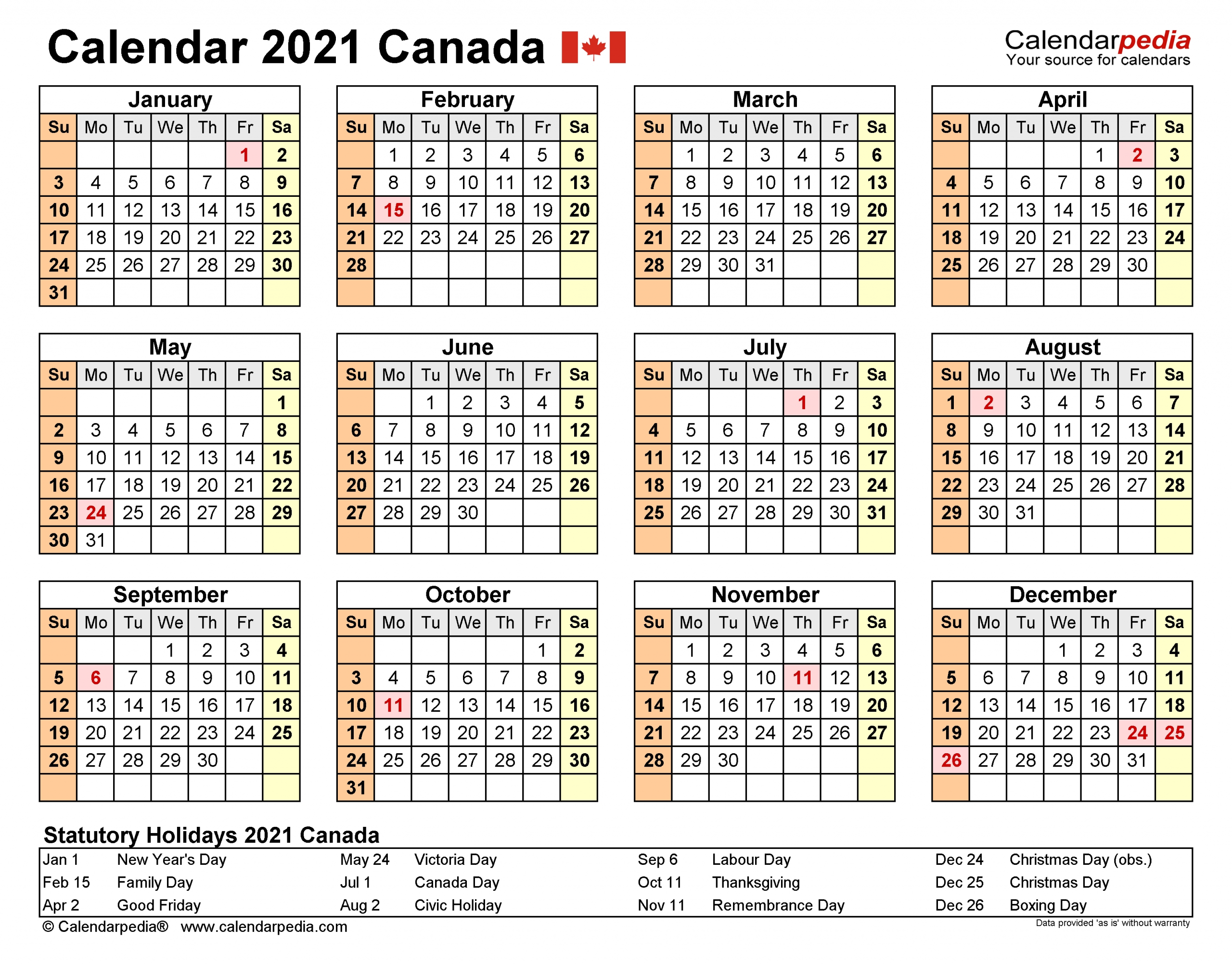 Canada Calendar 2021 - Free Printable Excel Templates