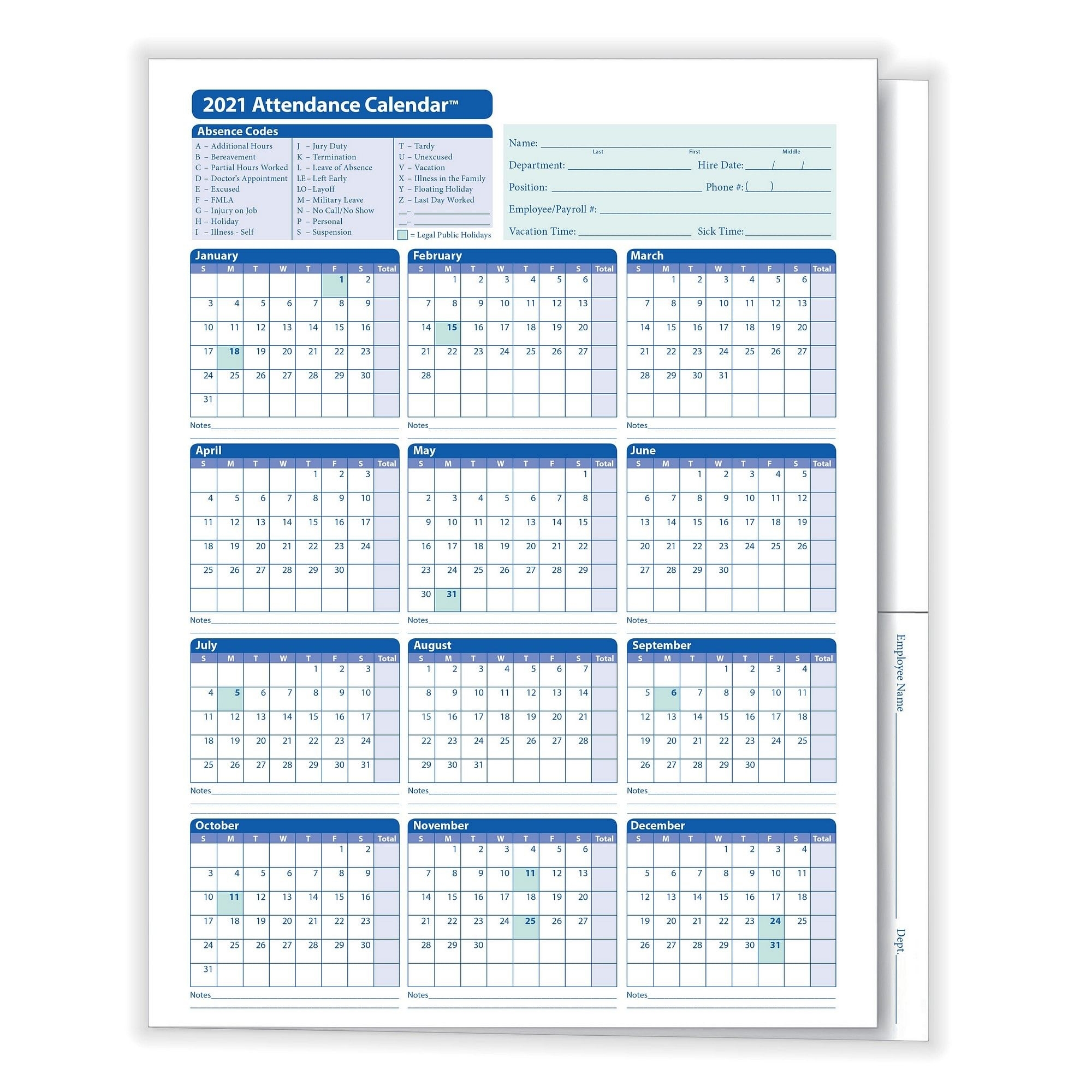 Complyright 2021 Attendance Calendar Folder, White, Pack Of 25