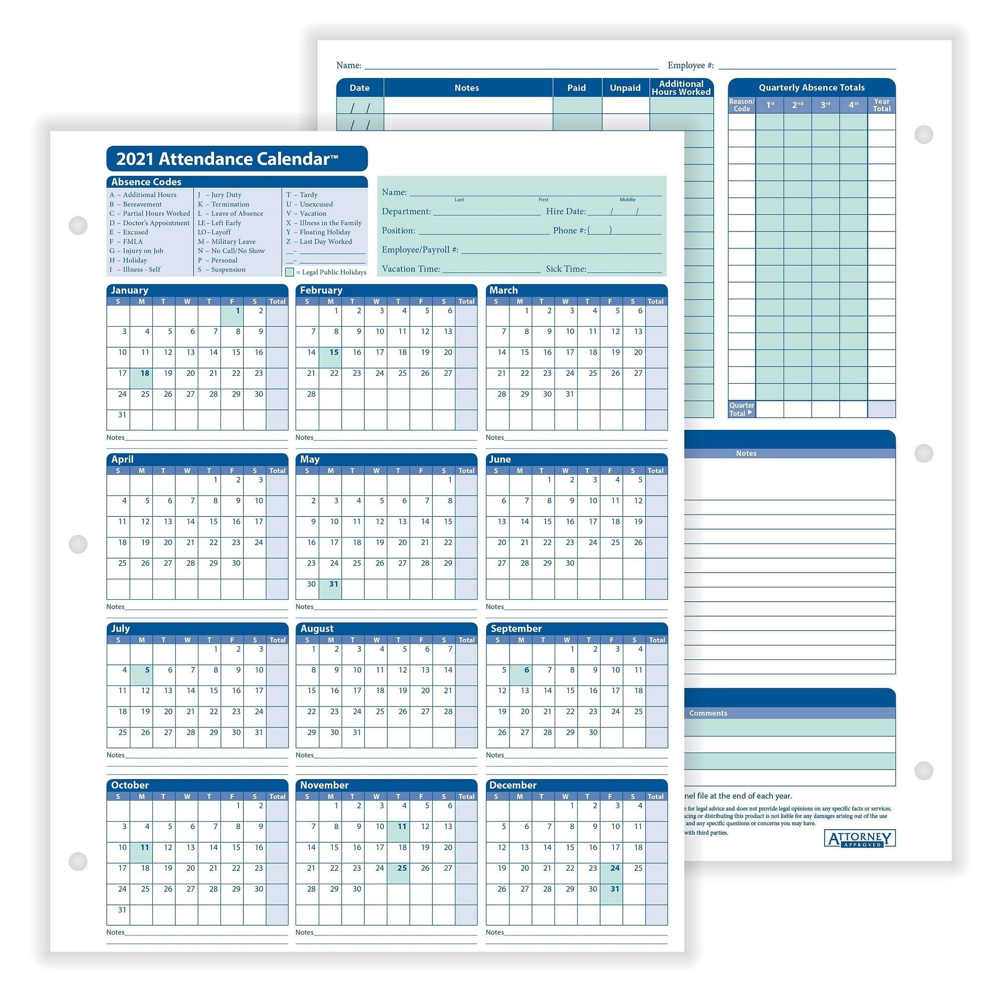 Complyright 2021 Attendance Calendar, White, 8-1/2&quot; X 11&quot; - 50 Per Pack