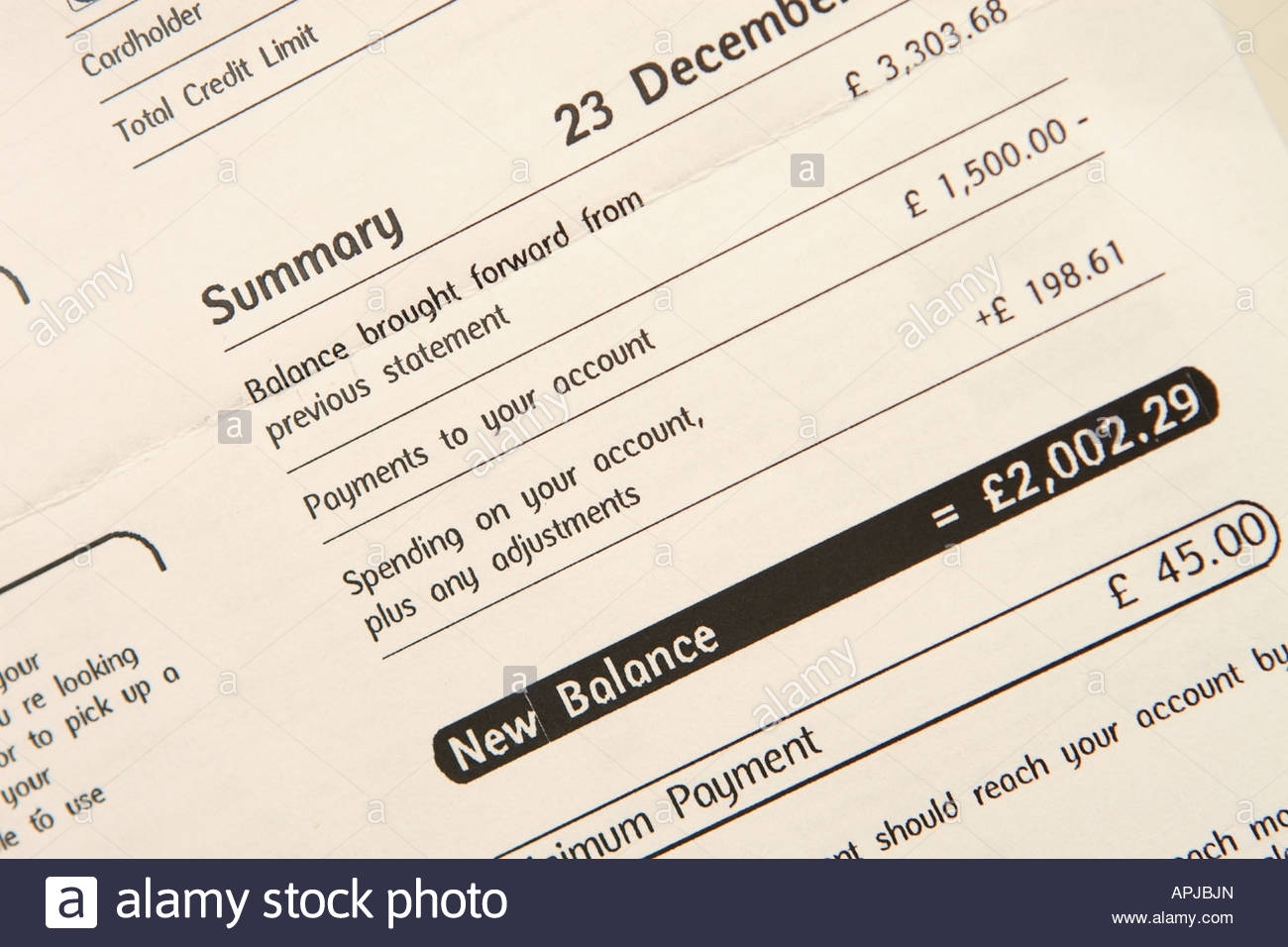 Credit Card Monthly Bill Showing Debt Total Summary Stock