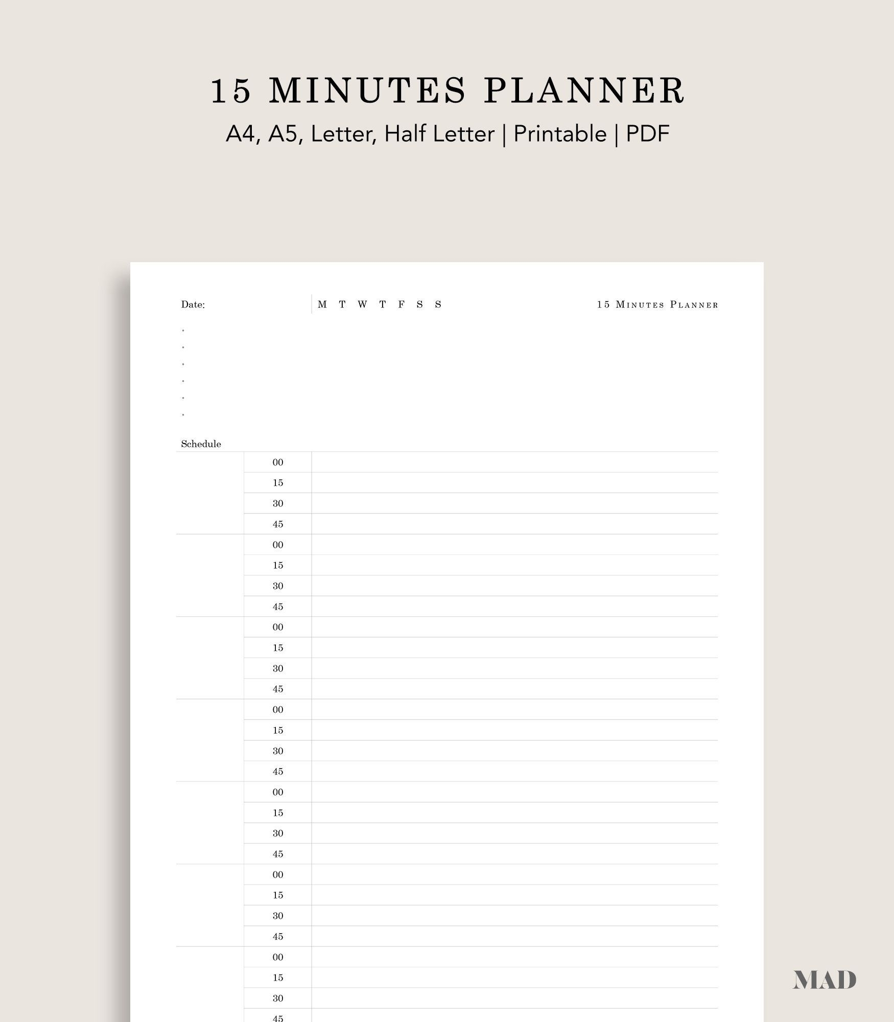 Daily Schedule Planner Printable 15 Minutes Tracker To Do