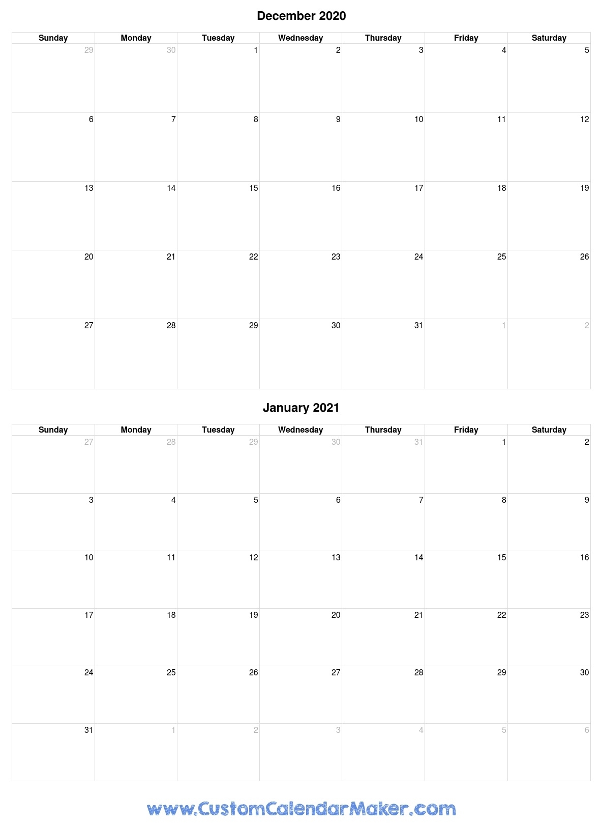 December 2020 And January 2021 Printable Calendar Template