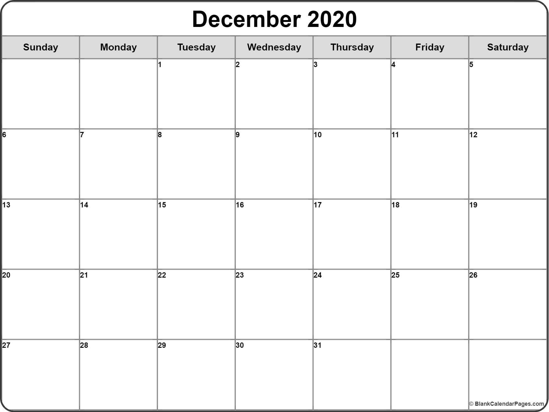 December 2020 Calendar | Free Printable Monthly Calendars