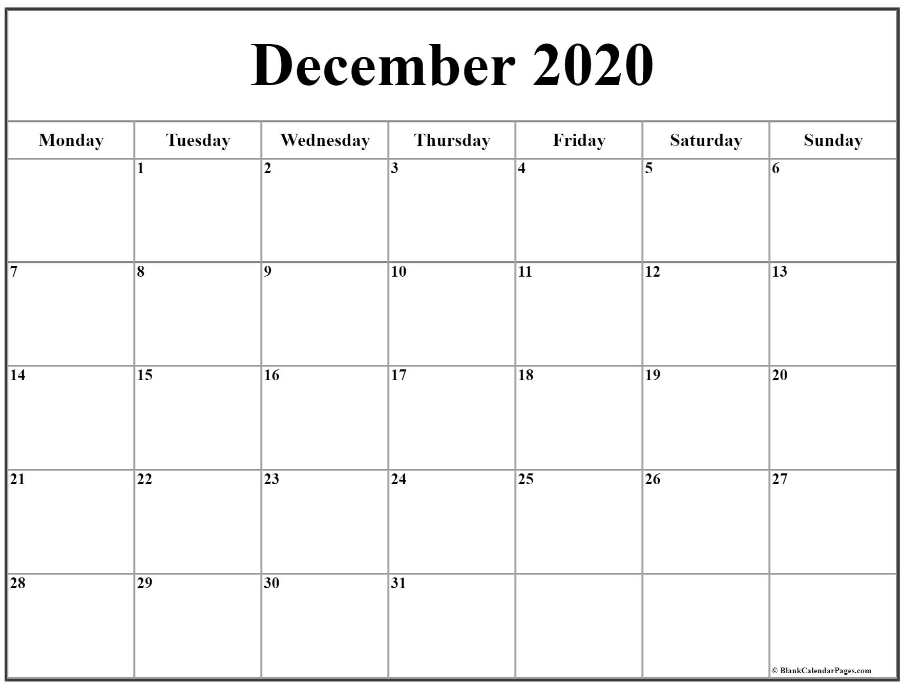 December 2020 Monday Calendar | Monday To Sunday intended for Printable Monday Calendar Monday Start