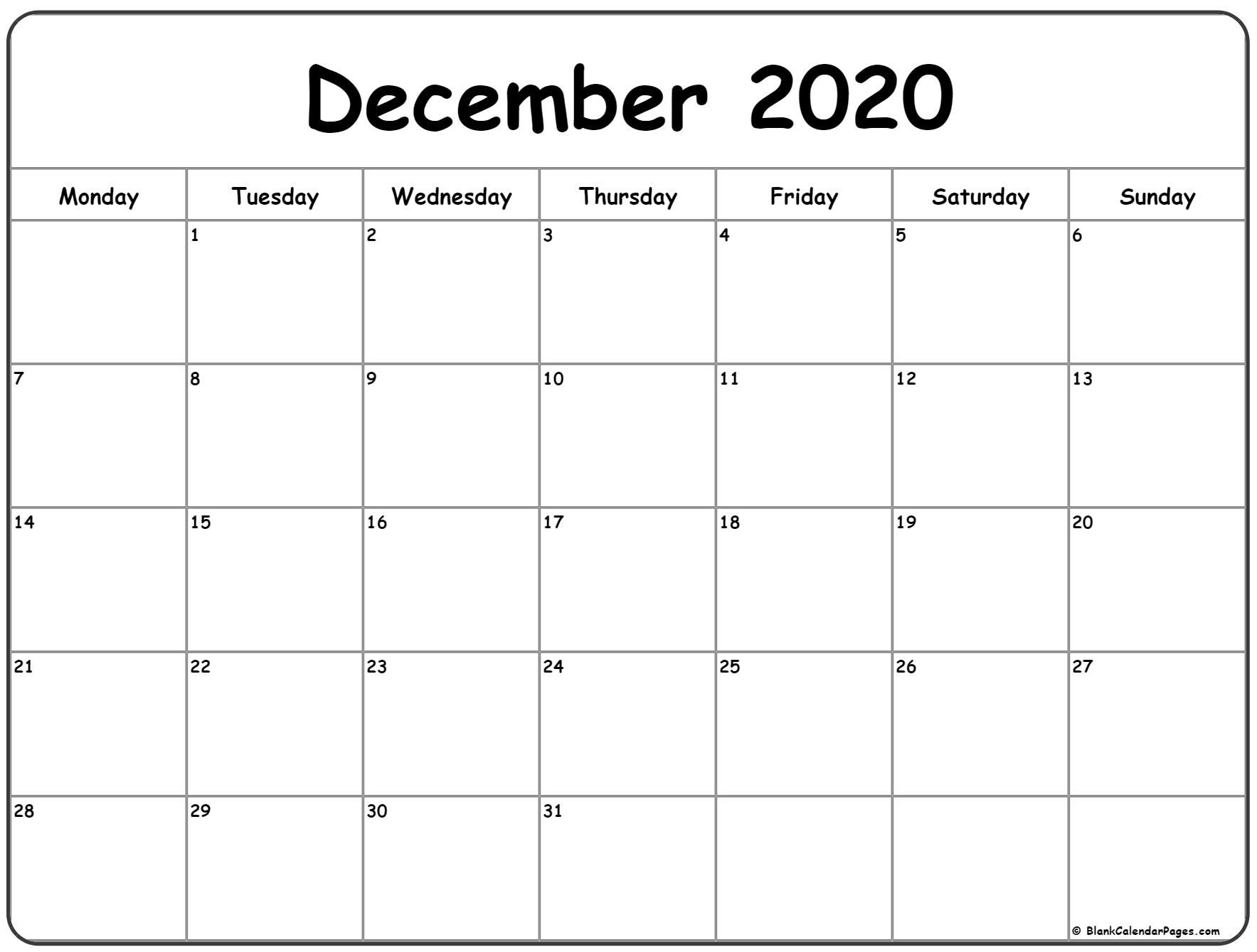 December 2020 Monday Calendar | Monday To Sunday with regard to Monthly Calendars That Start With Monday