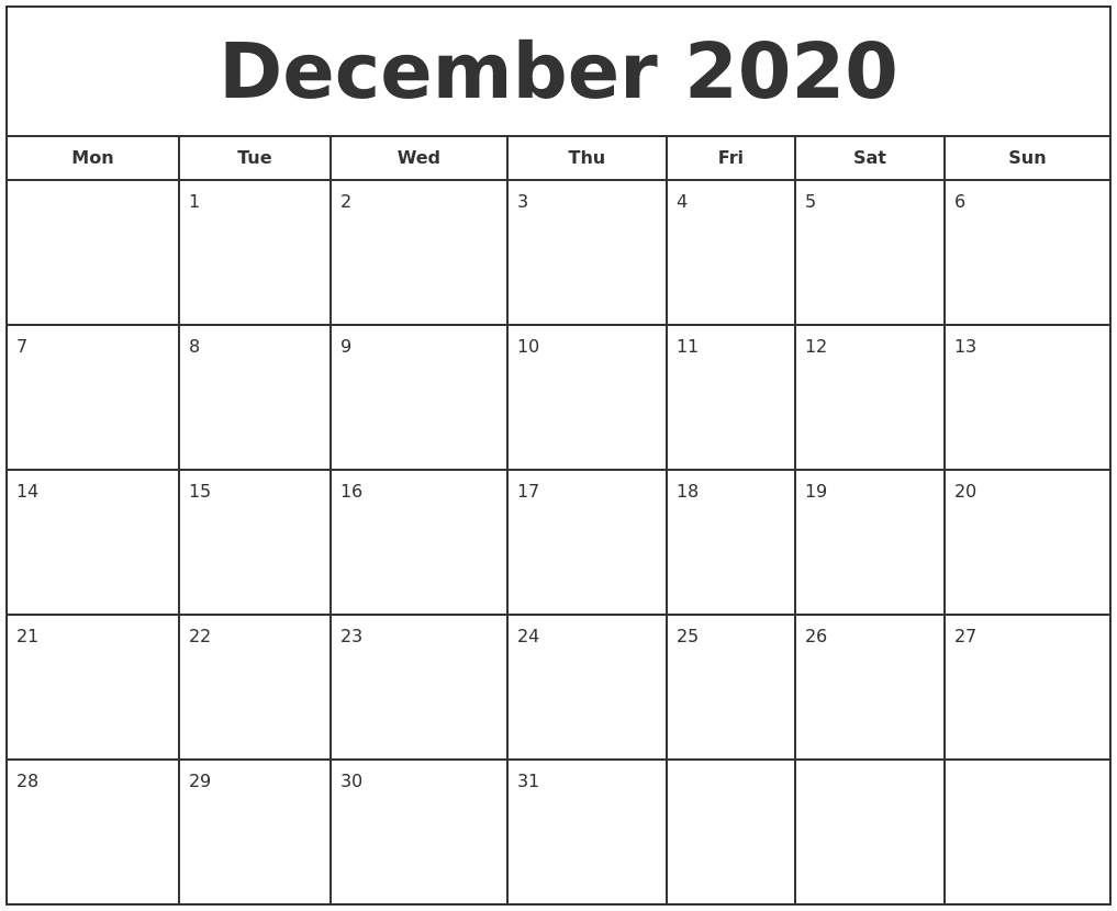 December 2020 Print Free Calendar pertaining to Printable Monday Calendar Monday Start