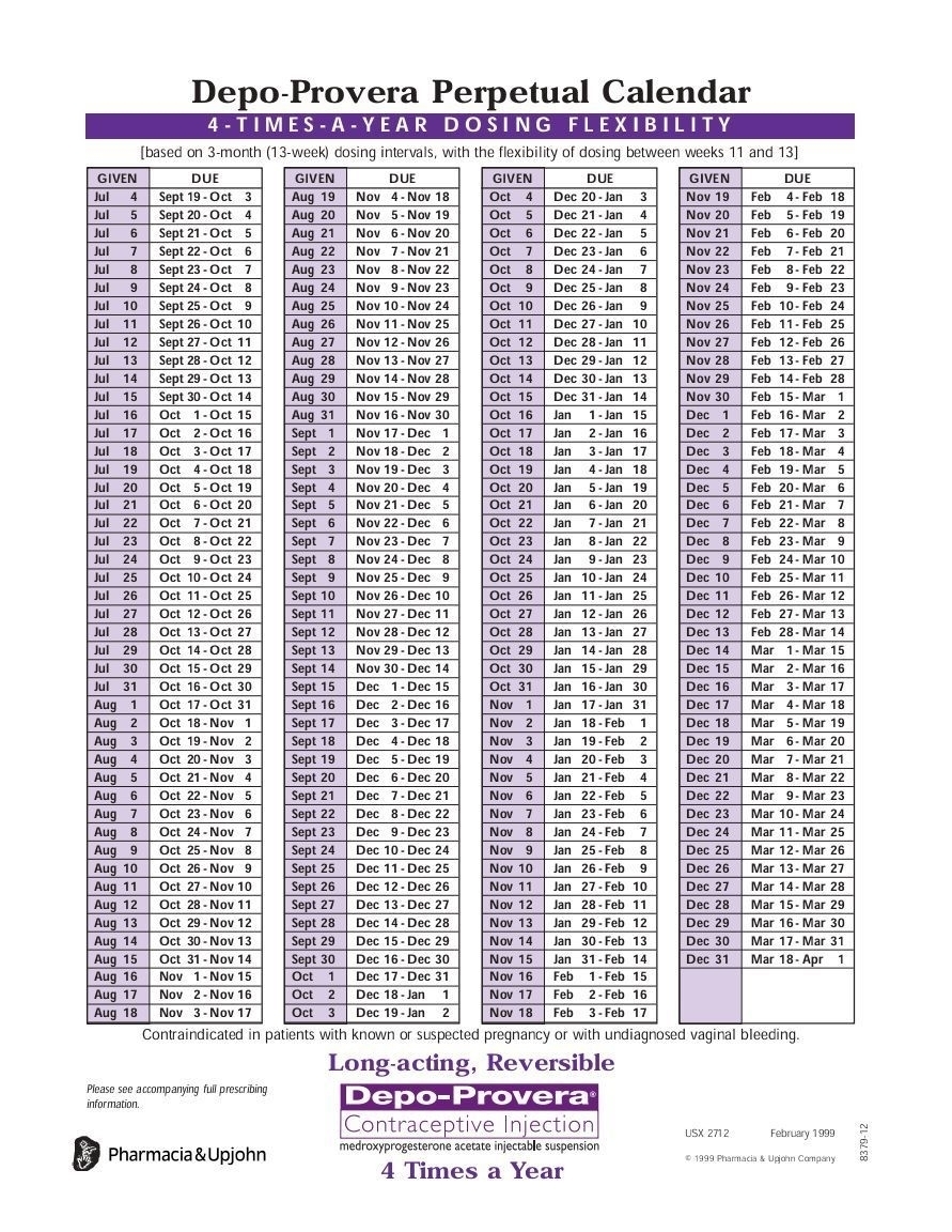 Depo Provera Calendar 2021 Printable