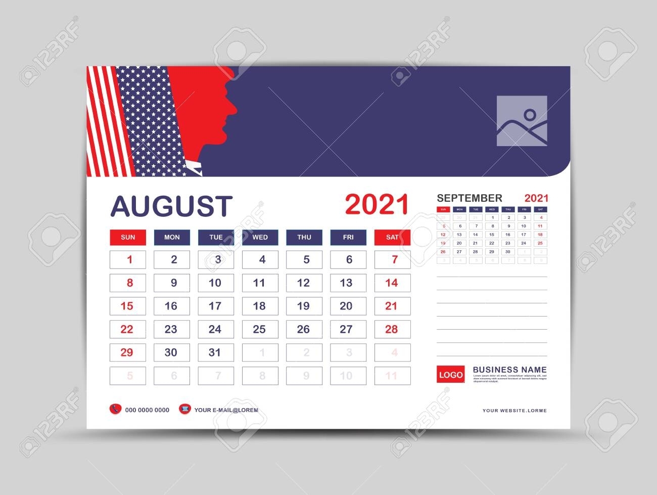 Desk Calendar 2021 Template, August Page Vector For Calendar..