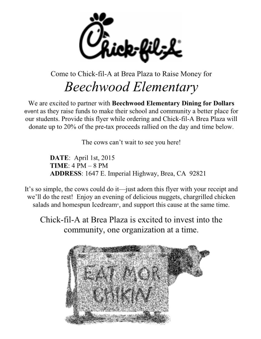 Dining For Dollars! Join Us On April 1St At Chick-Fil-A