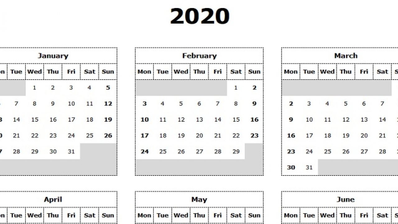 Download 2020 Yearly Calendar (Mon Start) Excel Template regarding Monday To Sunday Calendar 2020 Yearly