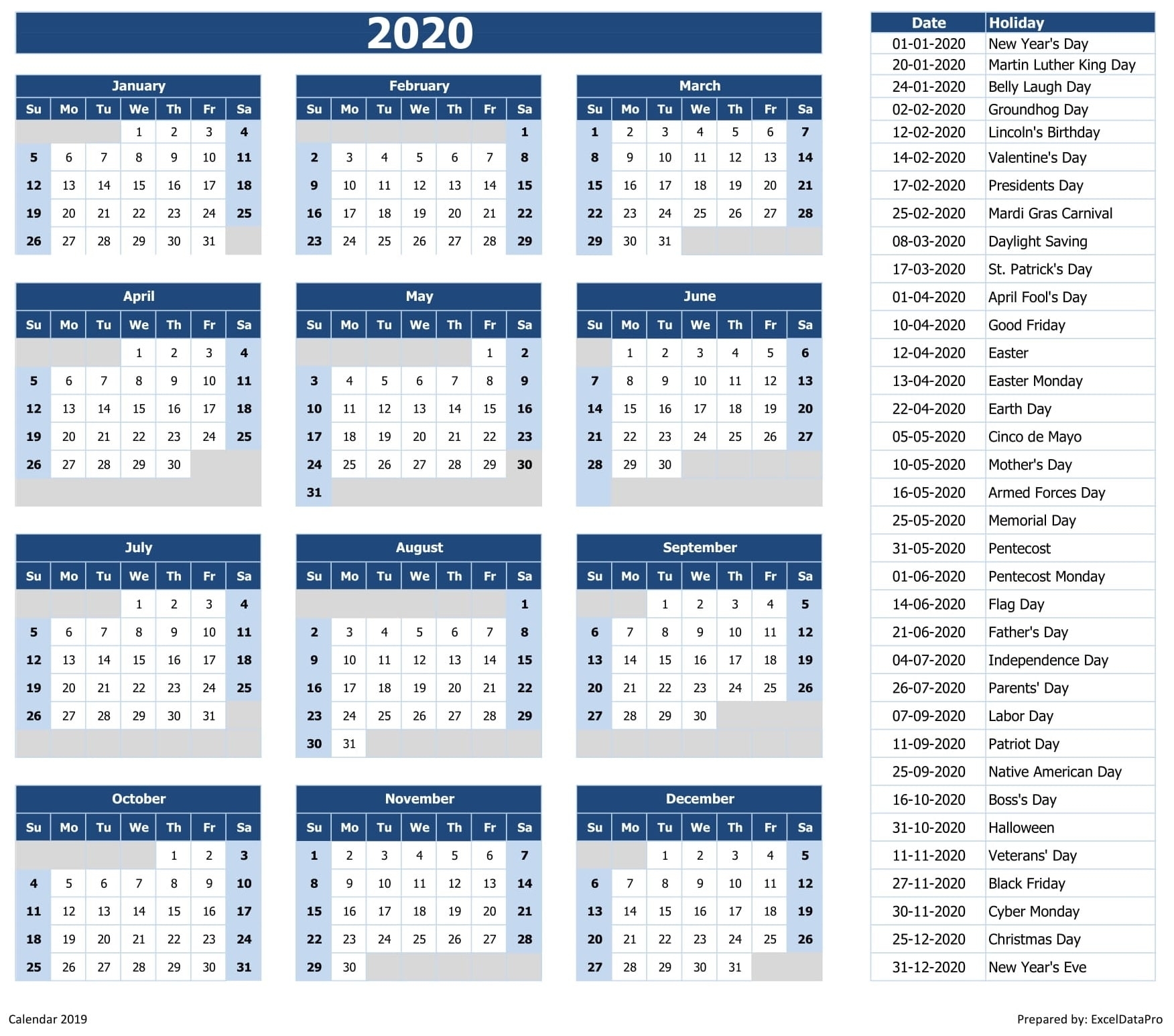 Download 2020 Yearly Calendar (Sun Start) Excel Template