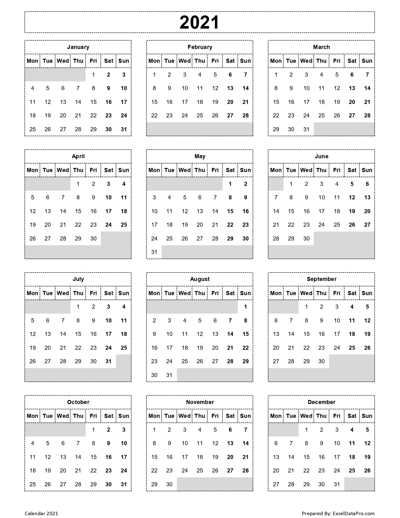 Yearly Calendar 2021 Monday To Sunday