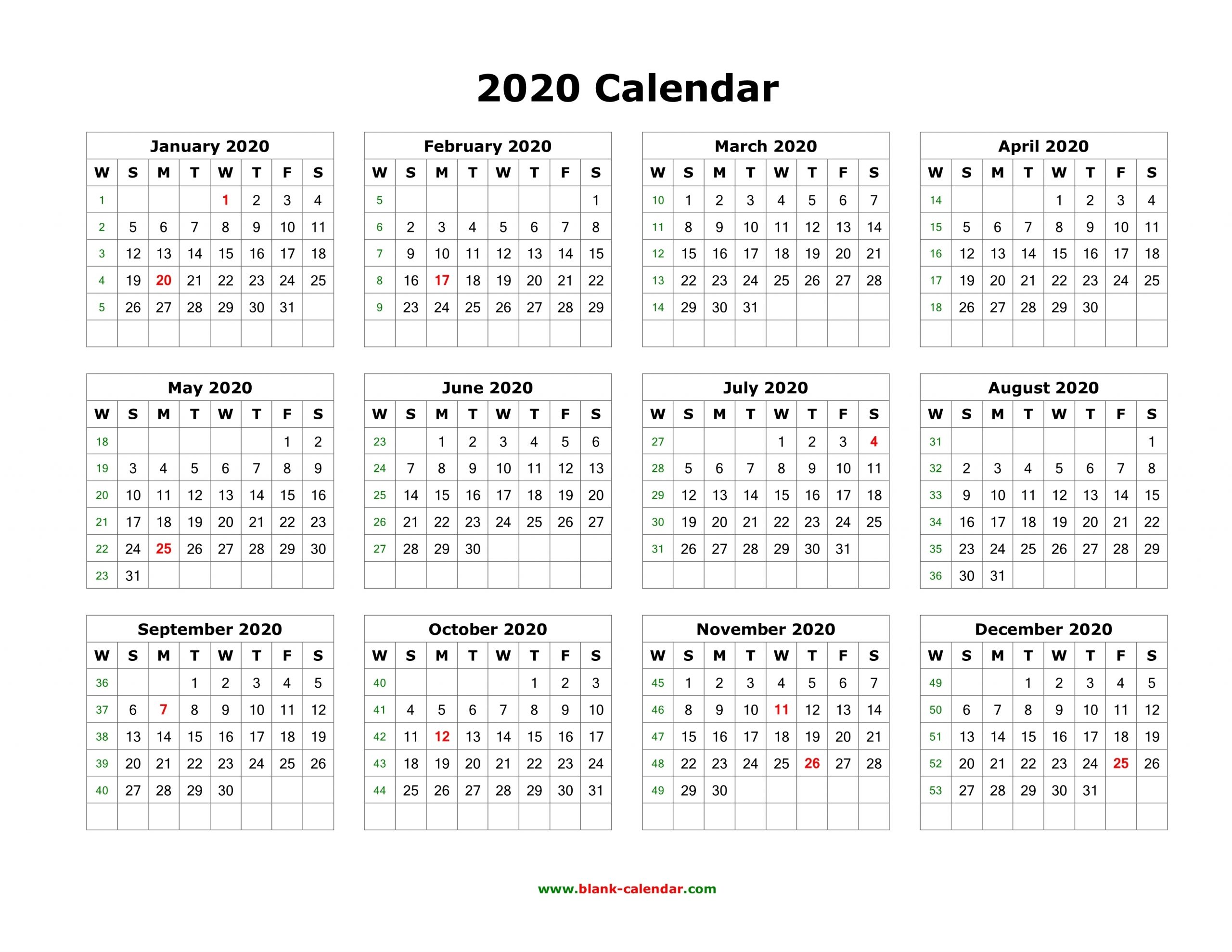 Download Blank Calendar 2020 (12 Months On One Page, Horizontal) intended for 2020 12 Month Calendar Printable