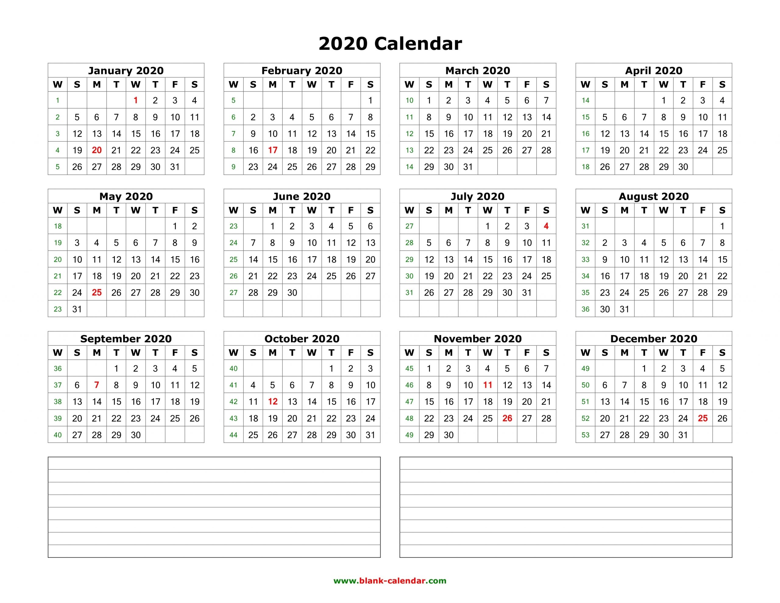 Download Blank Calendar 2020 With Space For Notes (12 Months regarding 2020 12 Month Calendar Printable