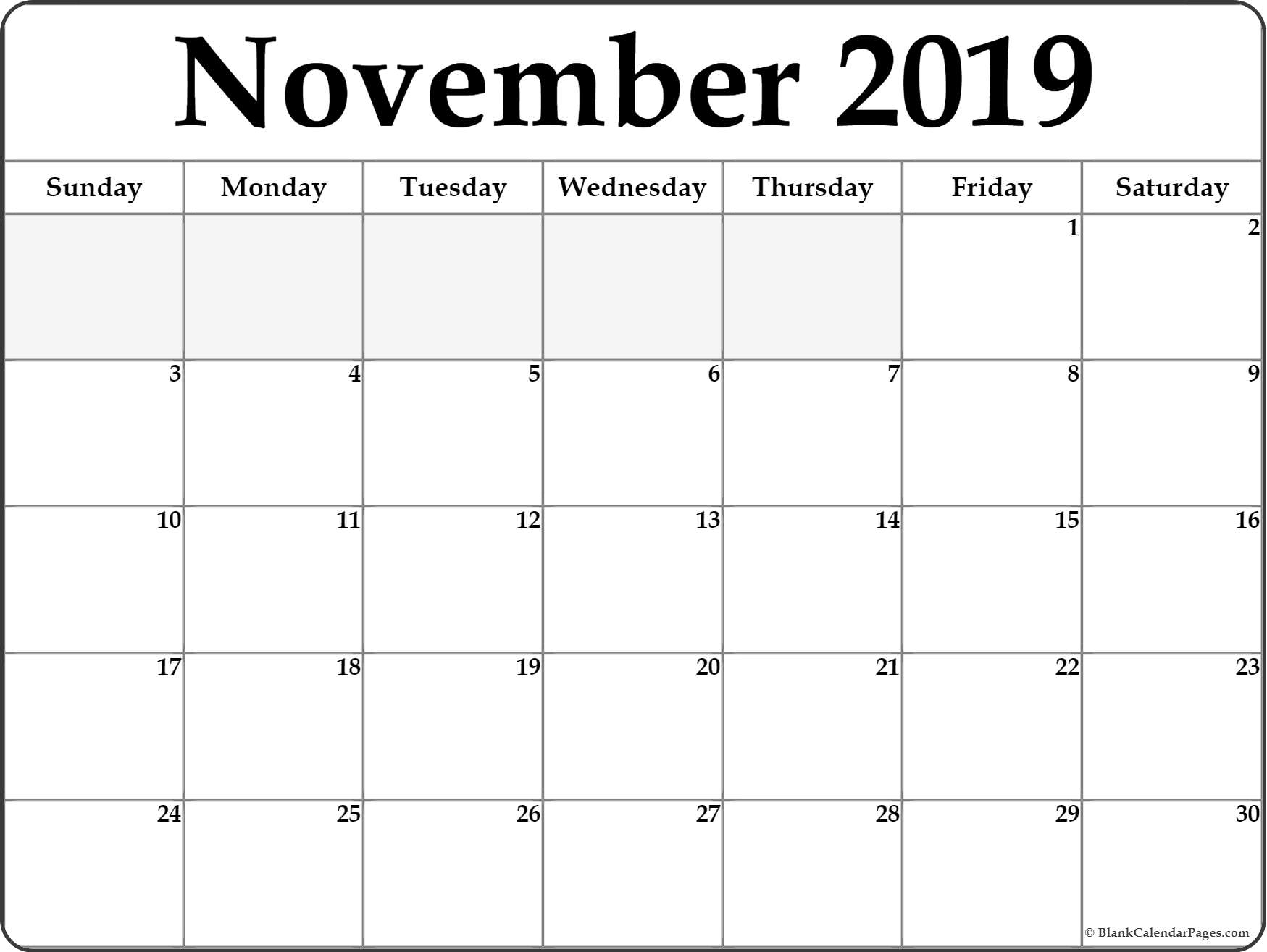 Editable November 2019 Printable Calendar - Word, Pdf, Excel in Fill In Calendar 2019 Printable