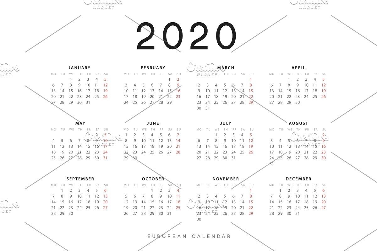 European Calendar For 2020 In 2020 | Calendar, Calendar intended for Calendar That Starts On Monday