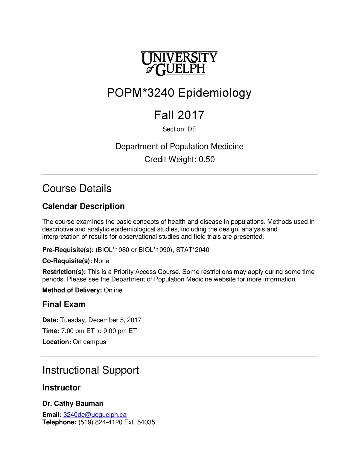 F17 Popm3240 De C Bauman Course Outline Epidemiology Fall