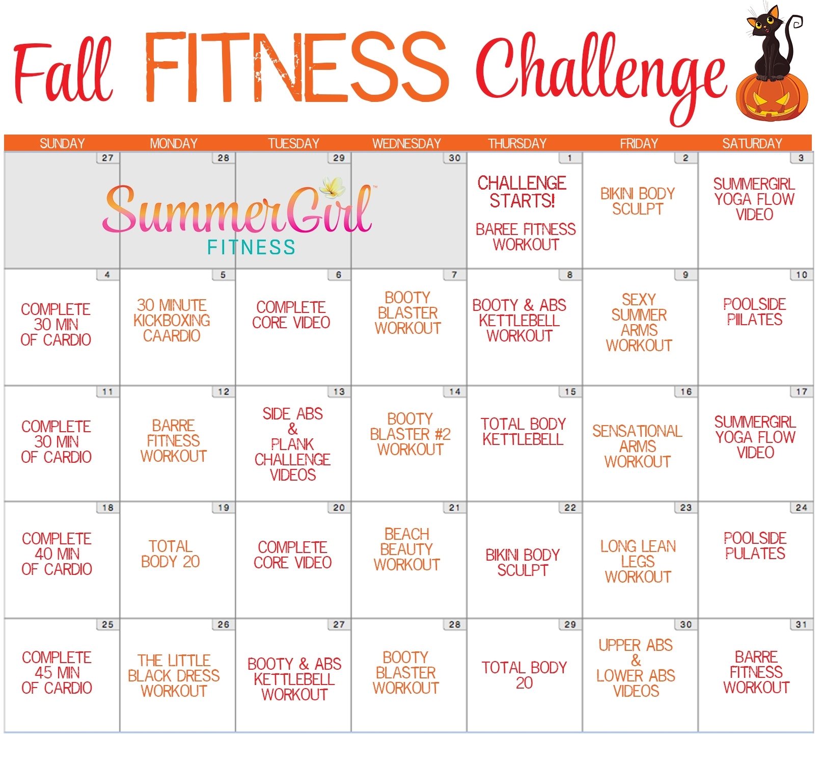 Fall Fitness Challenge Calendar | Summergirl Fitness