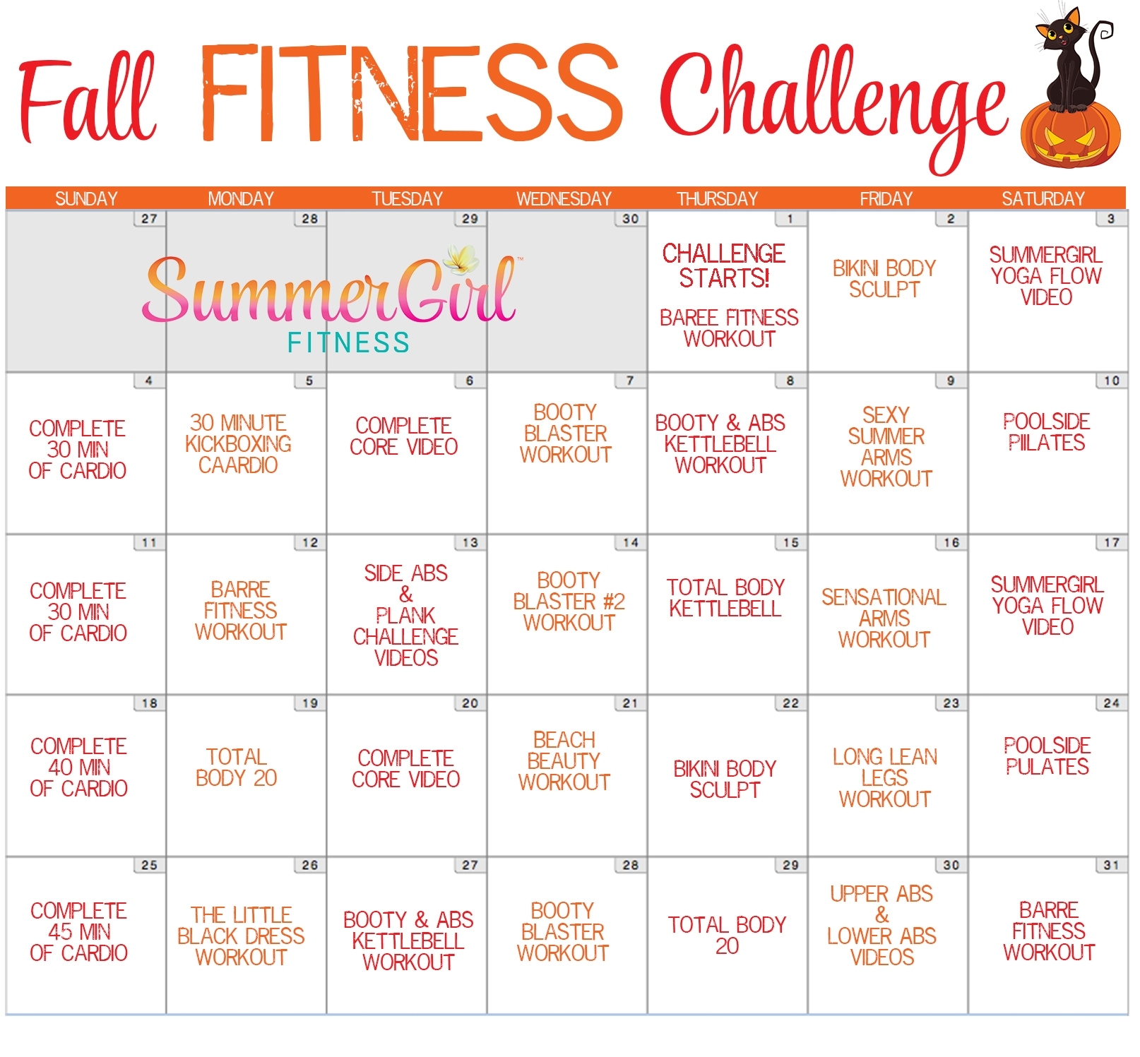 Printable Month Fitness Challenge Calendar