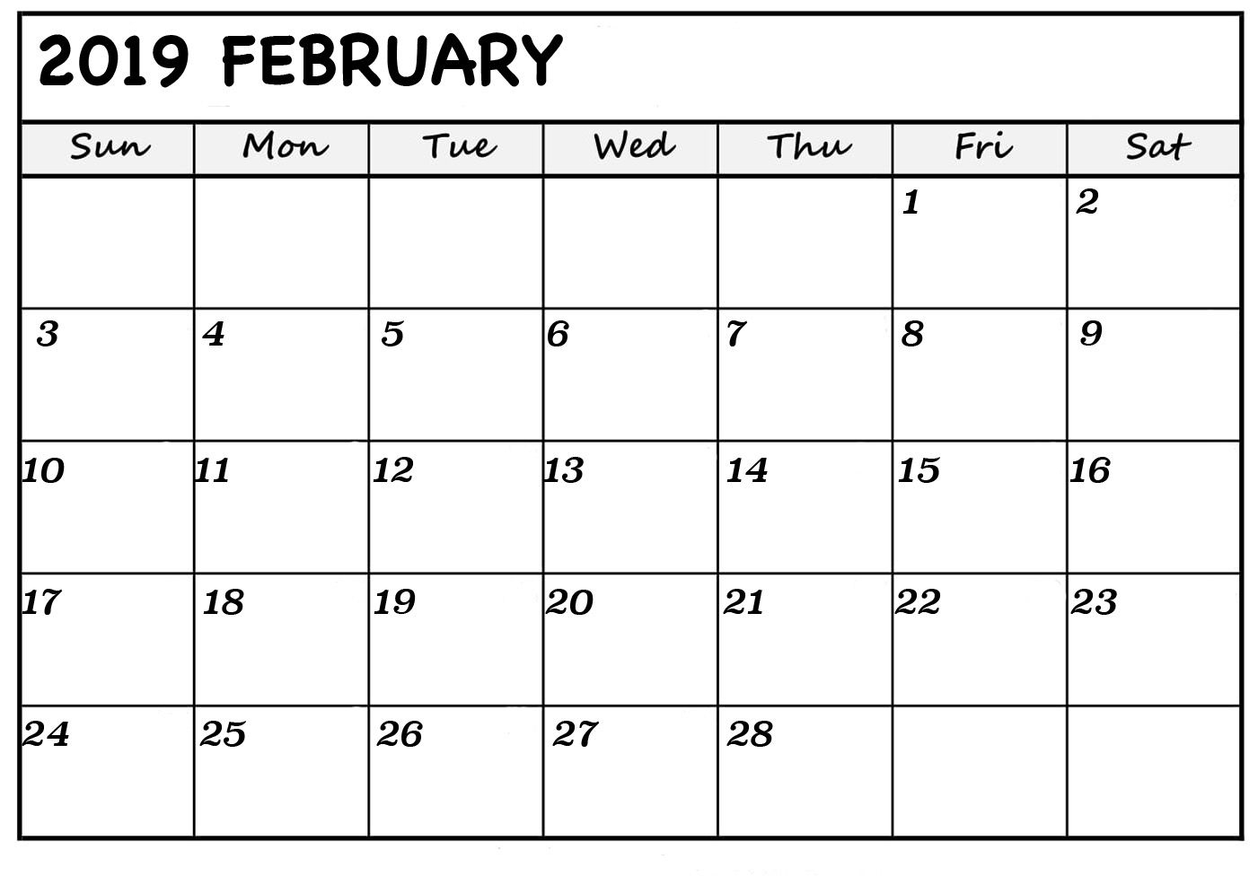 February Blank Calendar 2019 | Monthly Calendar Template in Fill In Calendar 2019 Pdf