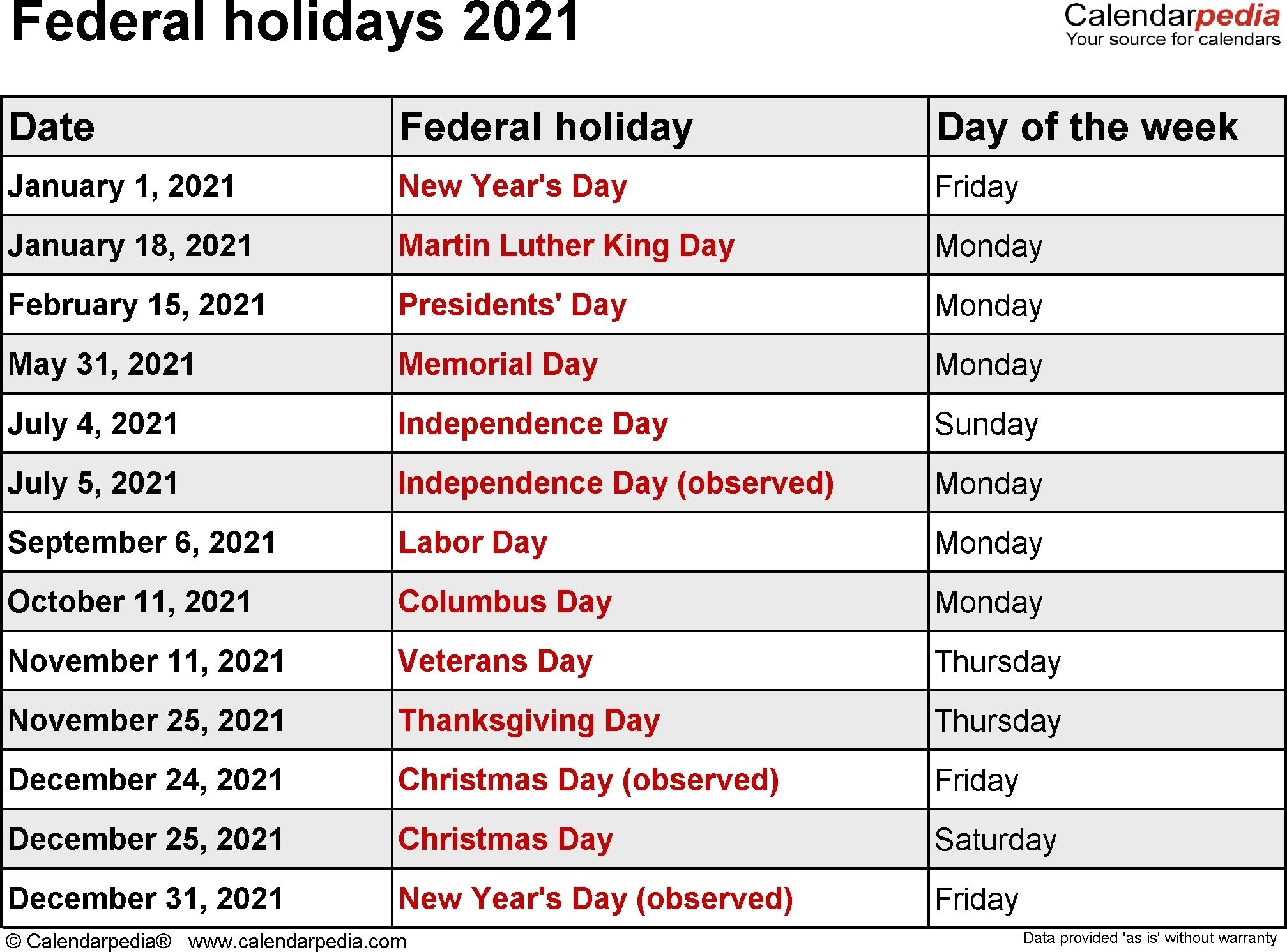 Federal Holidays 2021 Dowload | Holiday Calendar Printable