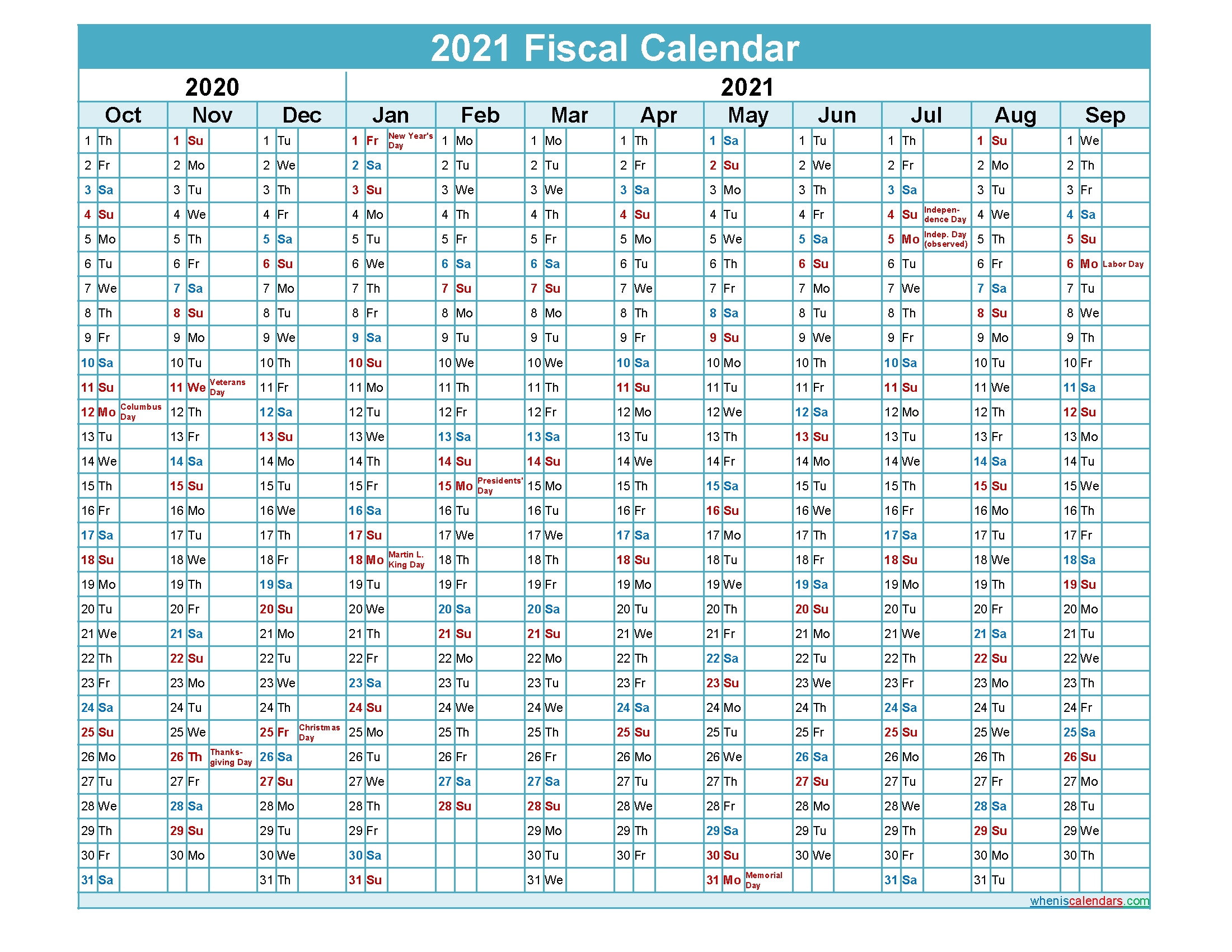 Fiscal Calendar 2021 Federal Fiscal Year - Template No