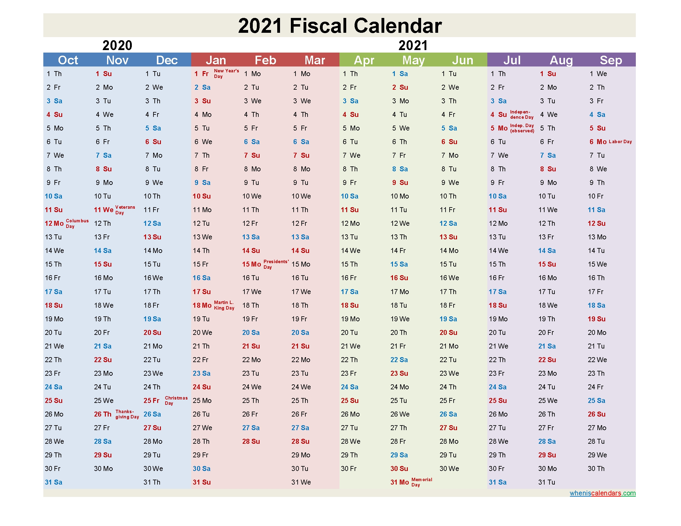 Fiscal Calendar 2021 Federal Fiscal Year - Template No