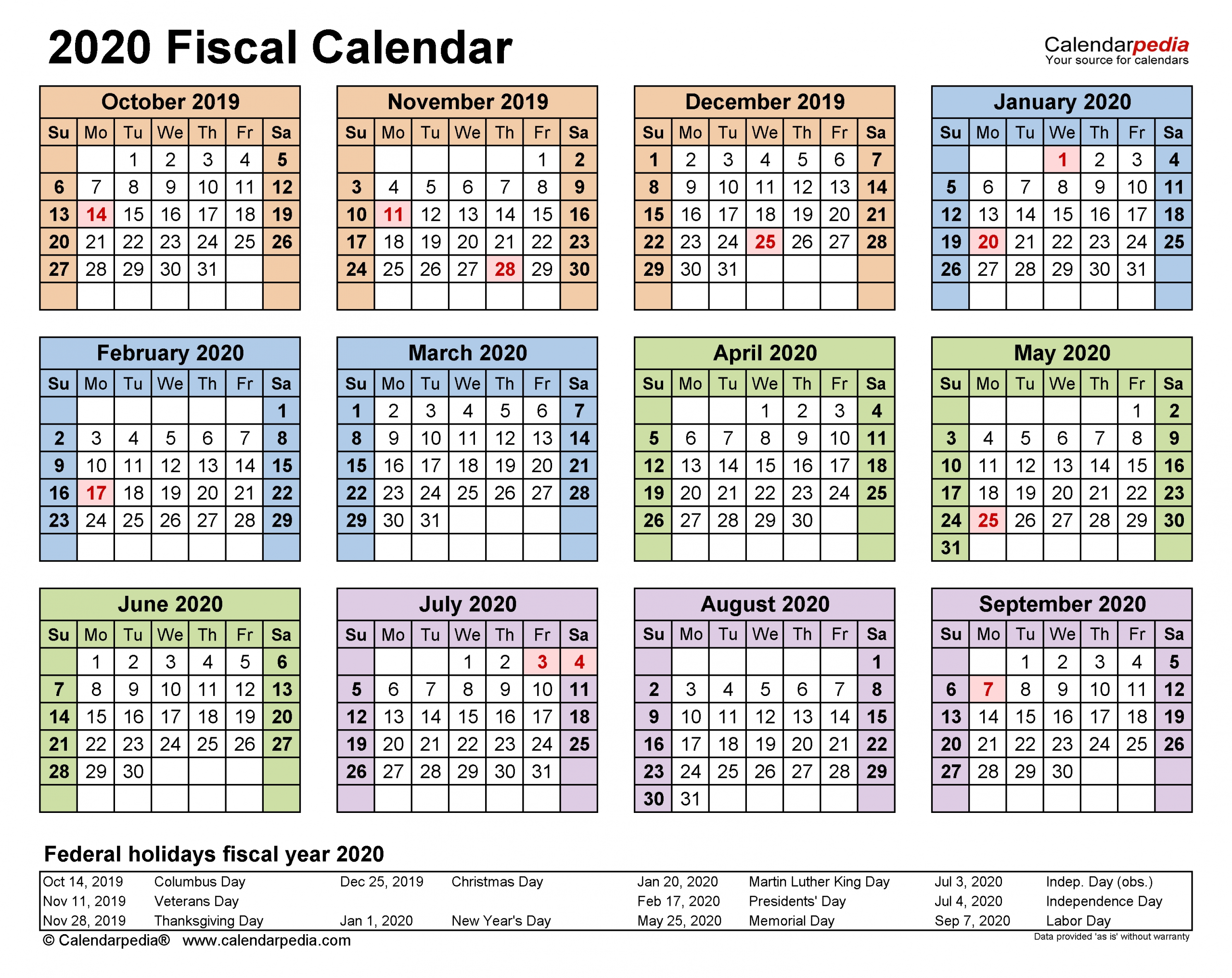 Fiscal Calendars 2020 - Free Printable Pdf Templates