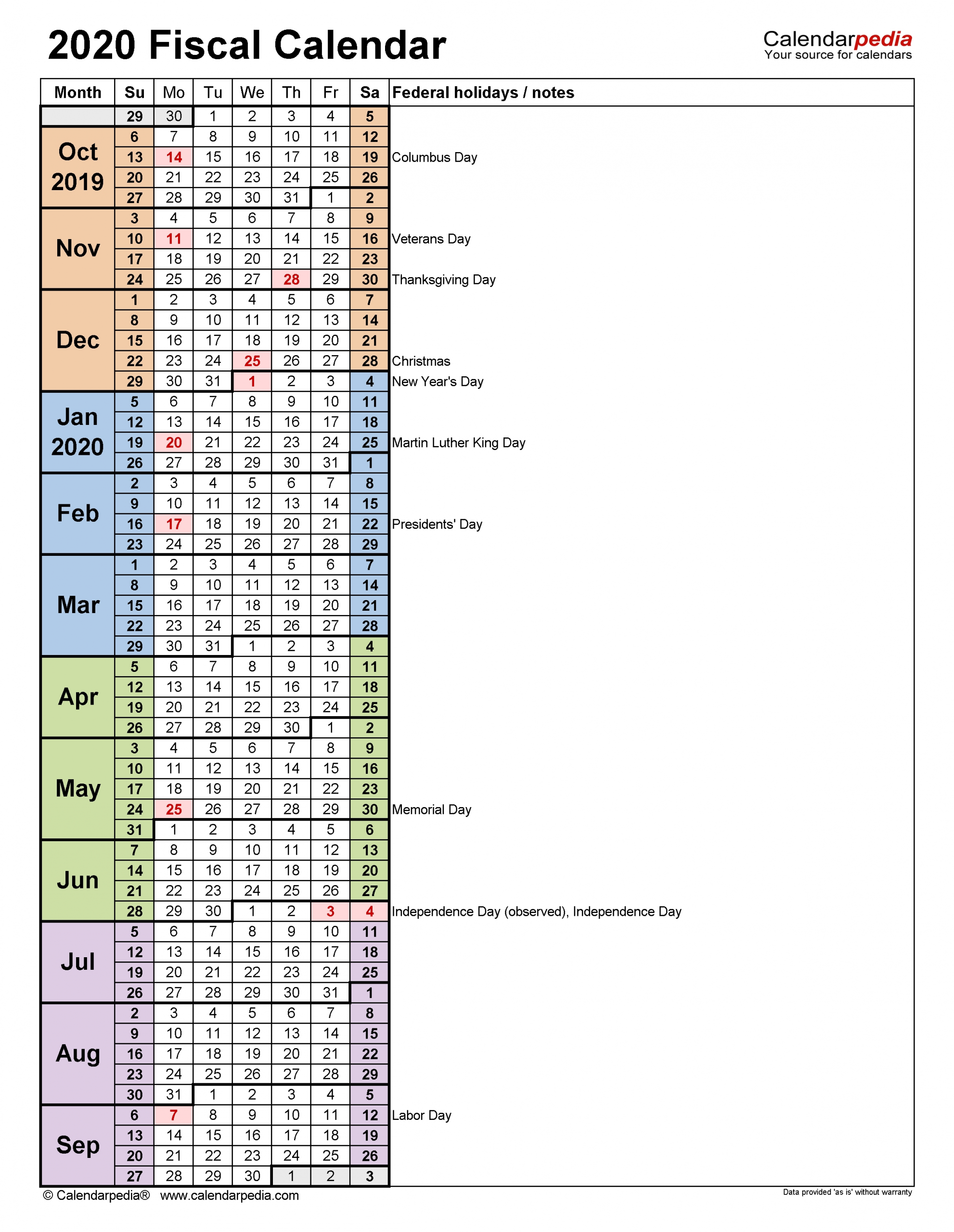 Fiscal Calendars 2020 - Free Printable Pdf Templates