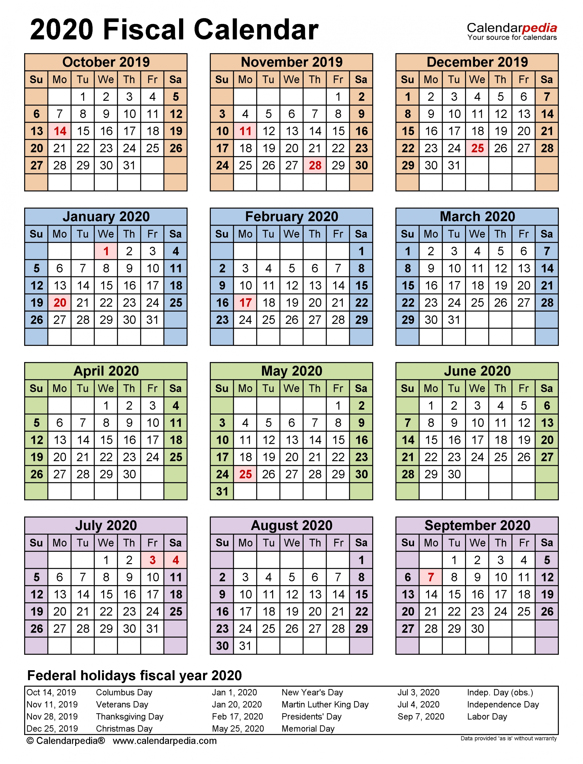 Fiscal Calendars 2020 - Free Printable Pdf Templates