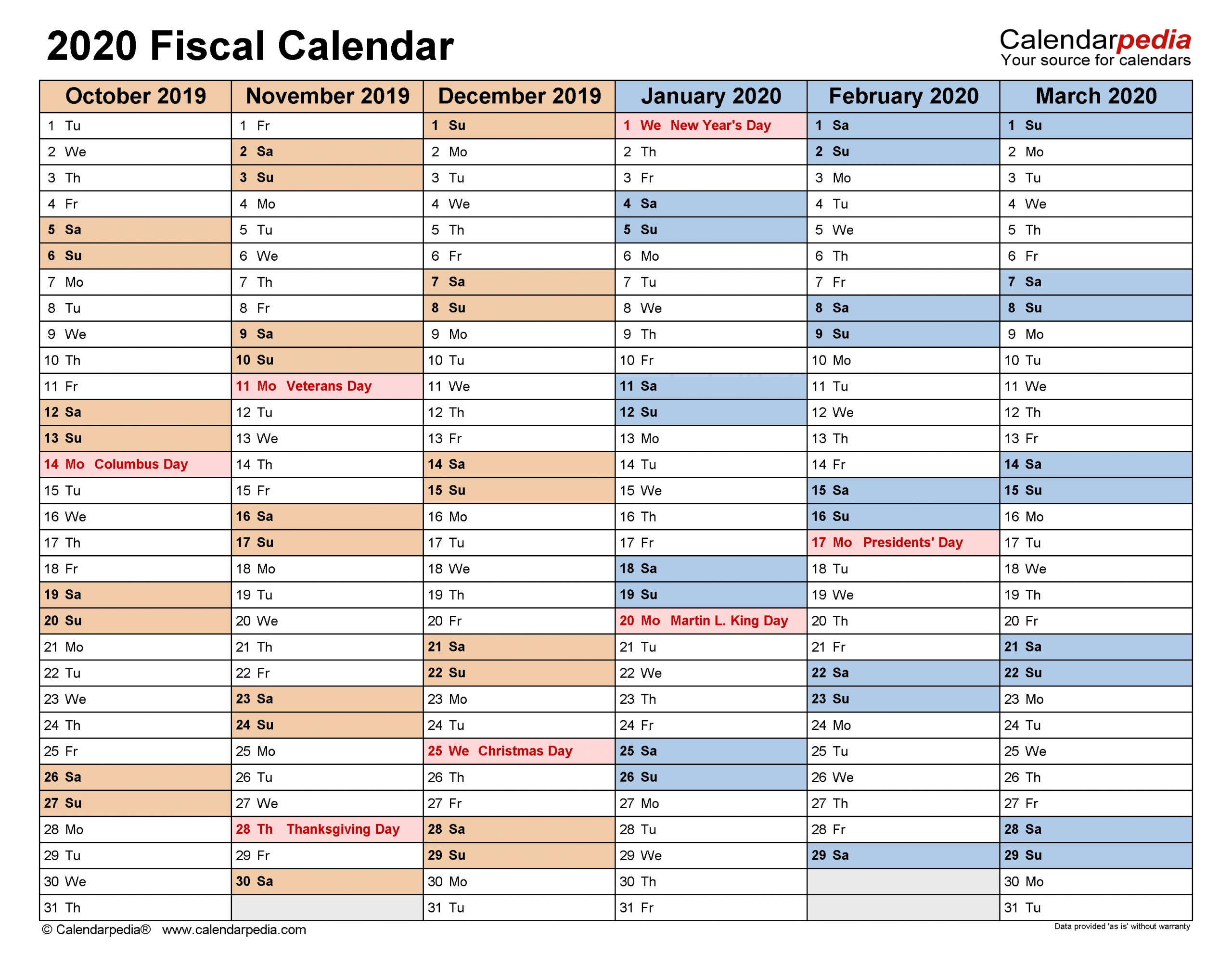 Fiscal Calendars 2020 - Free Printable Pdf Templates