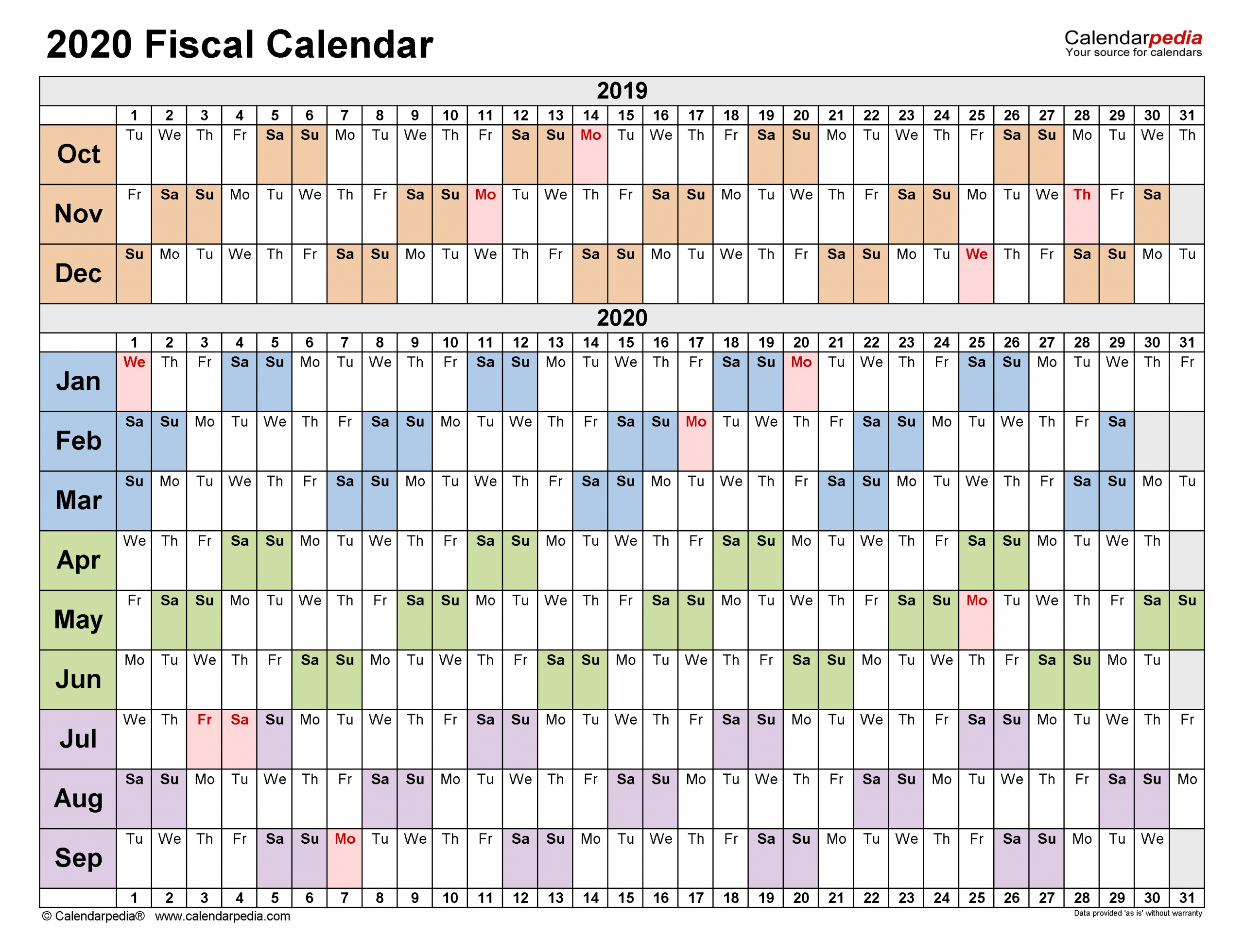 Fiscal Calendars 2020 - Free Printable Pdf Templates