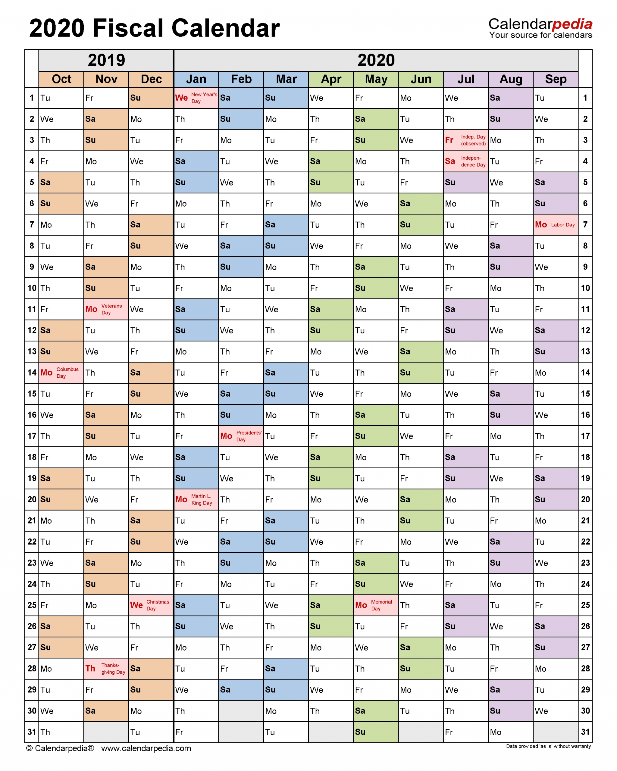 Fiscal Calendars 2020 - Free Printable Pdf Templates