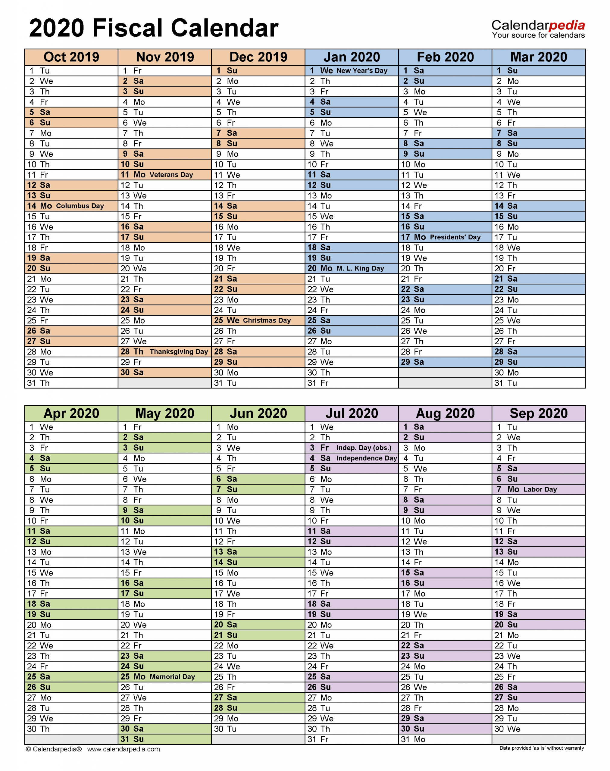 Fiscal Calendars 2020 - Free Printable Pdf Templates