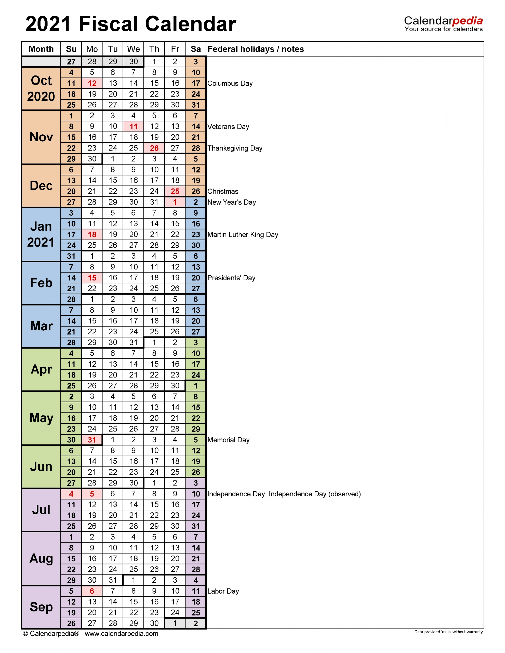 Fiscal Calendars 2021 - Free Printable Pdf Templates