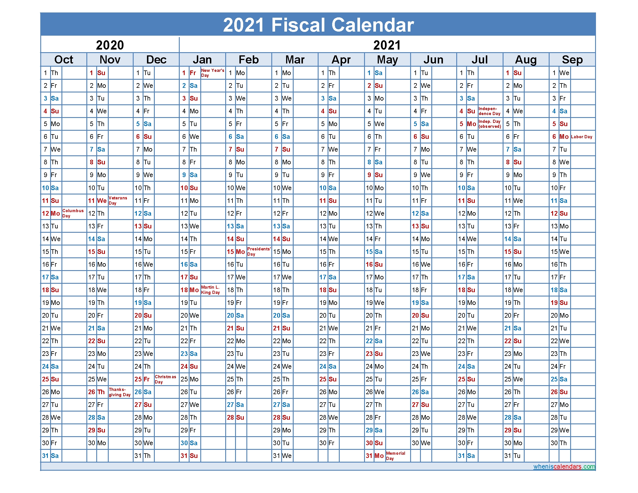 Fiscal Month Calendar 2021 – Template No.fiscal21Y32 – Free